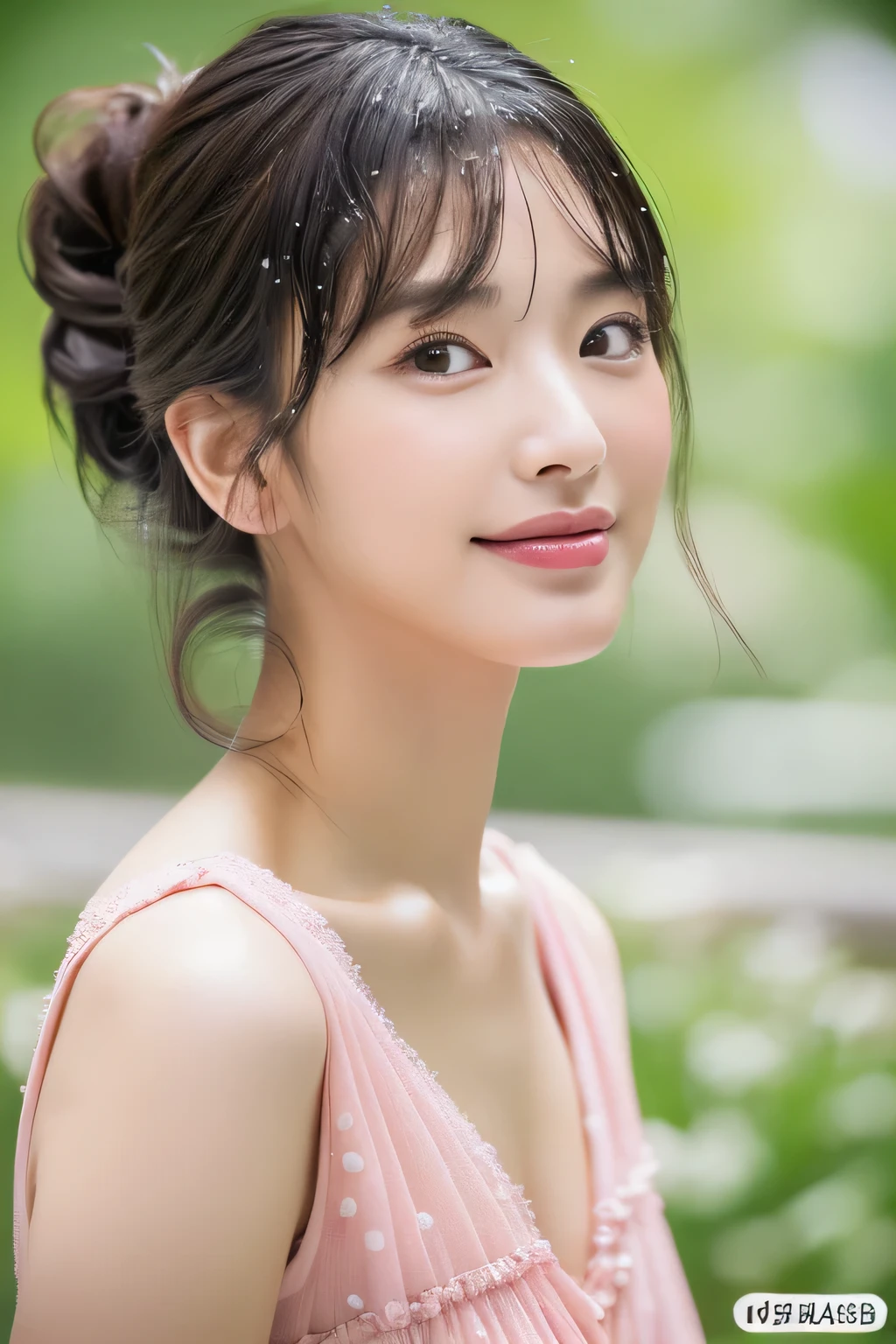 (highest quality, 4k, masterpiece :1.3), 
sharp focus, shallow depth of field, Bright colors, professional level, 
20-year-old, 1 person, (Japan and half Korean woman）, The face of a famous Japanese actress, 
Supple body :1.3, model body shape:1.5, perfect style：1.4, 
narrow shoulders, beautiful clavicle, long and thin legs, 
delicate body shape, The beauty of slim abs :1.2, thin waist :1.2, 
super detailed skin, Fair skin, Shiny skin, super detailed face, 
slim facial contour, beautiful small face, Beautiful lined nose, 
super detailed eyes, long slit eyes, brown eyes, double eyelid, Beautiful thin eyebrows, fine long eyelashes, 
super detailed lips, plump lips, glossy pink lips, flushed cheeks, beautiful teeth, 
Beautiful actress&#39;s ennui makeup, pink lipstick, 
dark brown hair, delicate soft hair, 
(hair up, medium short hair, ponytail:1.2), 
layer cut, (dull bangs:1.2), 
(stylish looking earrings,necklace,bracelet,shiny nail art:1.2), 
gentle smile, open mouth half way, Enchanted expression, stare at the viewer, 
(((photorealism,Shoot the whole body from the thighs:1.5))), ((The body is facing sideways)), 
Photographed directly from the front, cinematic lighting, dynamic lighting, 

(Dress up in a tight green polka dot dress:1.2), 

(wet in the rain, wet in the rain, wet body :1.4),
Luxury resort outdoor pool, Flowers are blooming in the background, blur the background, 