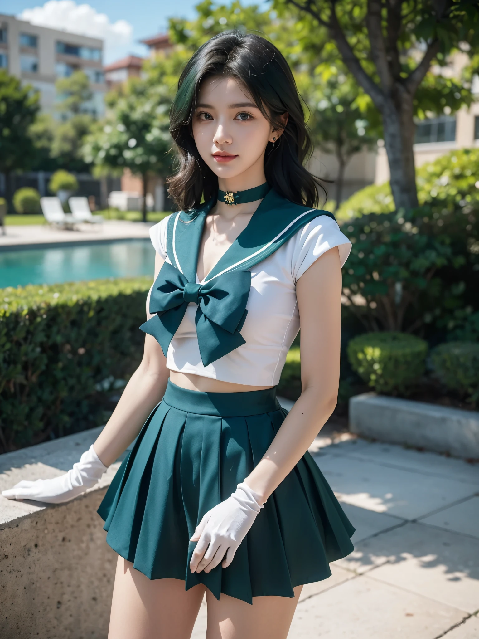 ((HD Real, Sama1 level)), extreme real, masterpiece, best quality, high quality, Sama1, space, amazing beauty, upper body shot, 1 girl, chest, Gloves, Lips, alone, Sailor Neptune, aqua blue eyes, uniform, See more1, tiara, 세일러 센시 uniform, (RAW photos, best quality), masterpiece, Floating dark green hair, Green Sailor Color, curtsey, choker, 흰 Gloves, green choker, elcurtsey gloves, bijouterie, earring, green skirt, Outsole, whole body, dark green medium hair, (perfect hands): 3.8, octane rendering, Goddess of the Sea, (enlargement: 1.2) beautiful eyes in detail, enlargement, small eyes, look at the viewer, to8 contrast style, octane line art, space background, Neptune, sea effect, green, soft smile, Squint your eyes with a smile, hands down, earth background,masterpiece, 4K, very detailed, enlargement, 1 girl, Sailor Neptune, aqua blue eyes, 짙은 green 머리카락, medium hair, (Sailor Neptune uniform:1.1), plea skirt, curtsey, dynamic pose, best quality, masterpiece, high resolution, intricate details, (realistic)), photography, earring, bijouterie, 흰 Gloves, 중간 chest, whole body, 흰 Gloves, sailor collar, Sailor Neptune, clean skin,enlargement, 1 woman, Sailor Neptune, aqua eye, 짙은 green 머리카락, medium hair, (세일러 센시 uniform:1.1), pleated skirt, curtsey, dynamic posture, dynamic background, , best quality, masterpiece, high resolution, intricate details, (( realistic )), of the photo, earring, bijouterie, 흰 Gloves, 중간 chest, whole body, 흰 Gloves, sailor collar