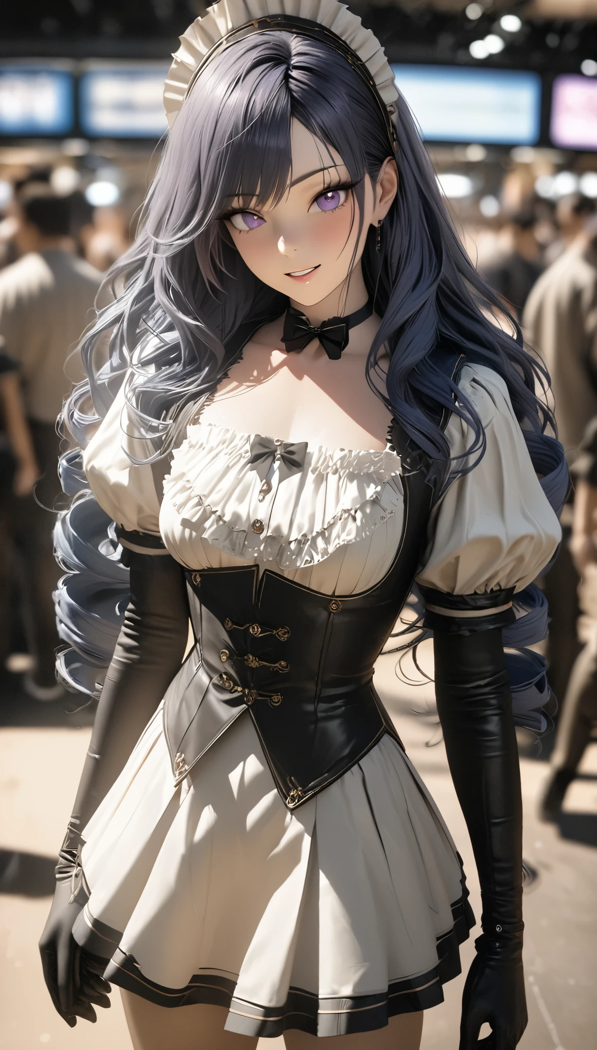 Korean,actual, masterpiece, final details, photo actual, intricate details, octane rendering, 8K, 1 girl, Perfect face shape, pretty face, new world foundation, slot reference, detail hair,, black bow, black Gloves, black legs, blue eyes, blue hair, bow, clavicle, skirt, drill hair, Ruffles, Ruffles, Gloves, Gwen, headskirt, high resolution, long hair, open lips, puff sleeves, purple eyes, Smile, alone, white skirt, oily skin,