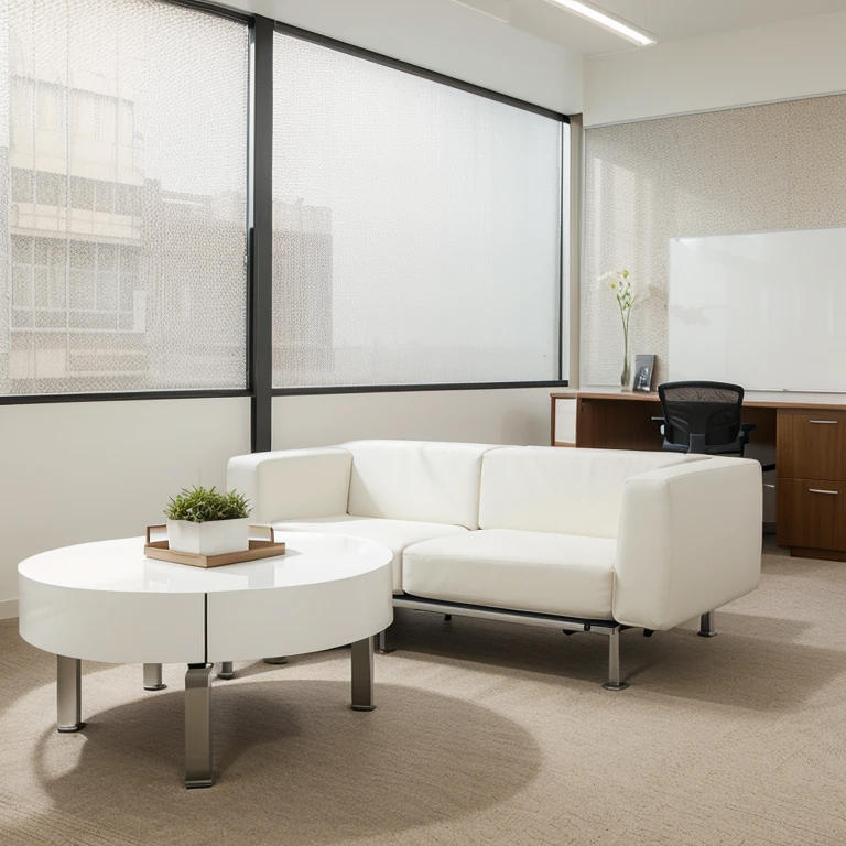 a rest area is sofas and round side tables inside a white office