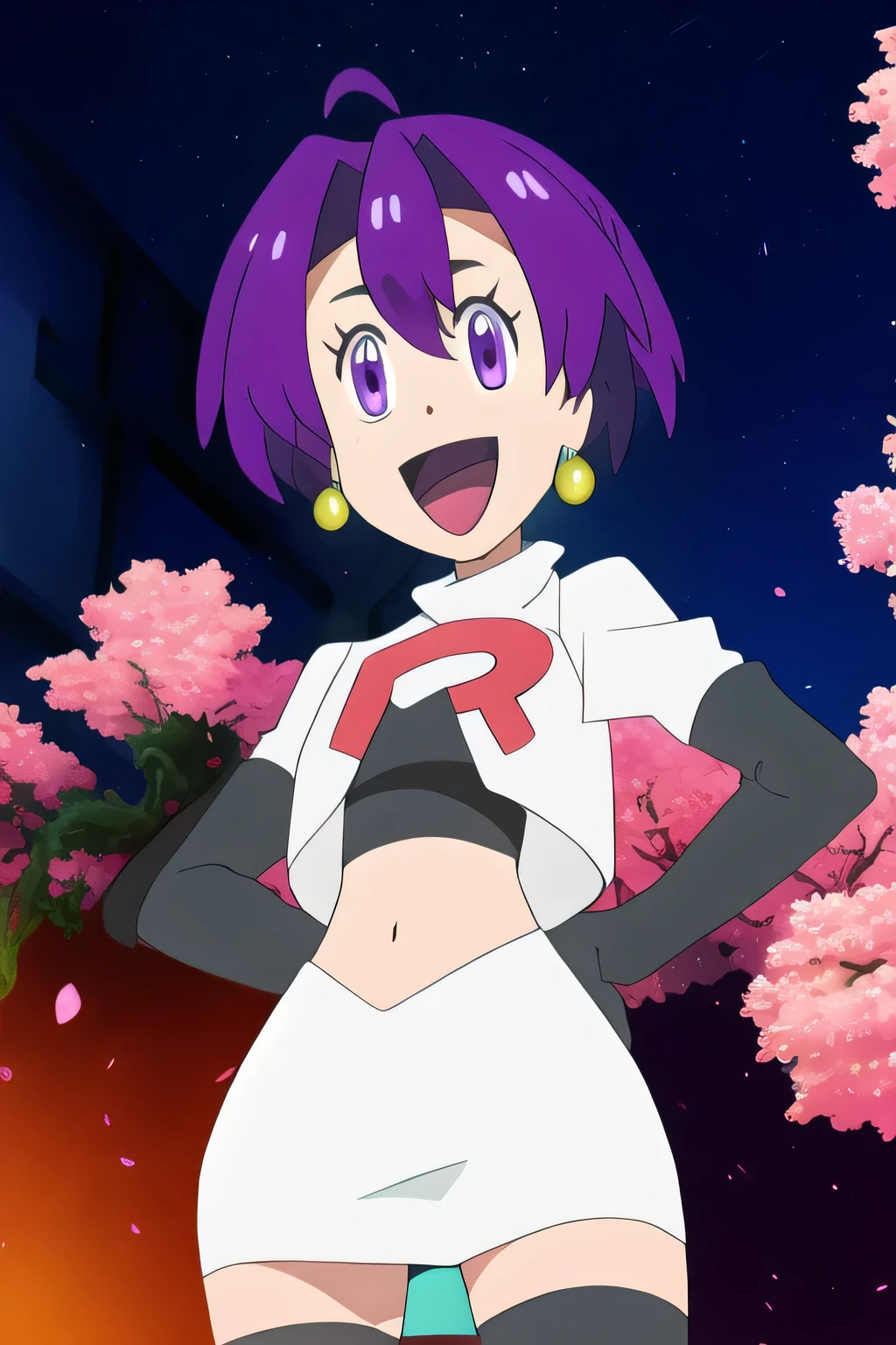 8k, masterpiece,highres, team rocket uniform, red letter r, white skirt,white crop top,black thigh-high boots, black elbow gloves, smiling, looking down at viewer, hands on hips, cowboy shot, zettai ryouiki,from below, black panties,anime style, vivid colors, sharp focus, intense lighting,maple, 1girl, solo, long_hair, looking_at_viewer, short_hair, bangs, black_hair, hair_between_eyes, jewelry, very_long_hair, purple_eyes, purple_hair, ahoge, :d, sidelocks, earrings, outdoors, sky, shiny, shiny_hair, flat_chest, dated, tree, petals, night, floating_hair, cherry_blossoms, short_hair_with_long_locks,