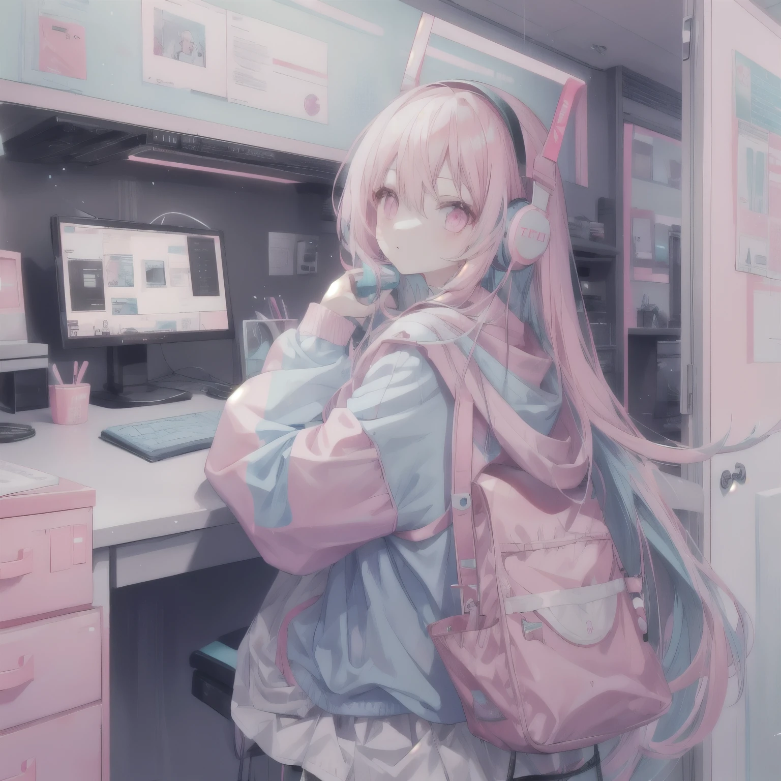 light blue long hair,Pink and white sweatshirt,pink eyes,black headphones,