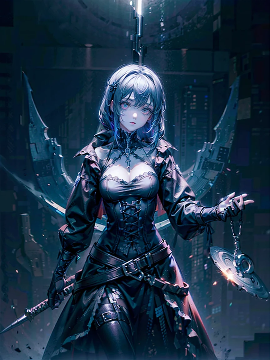 (a girl with) Aura-like gothic lighting, realistic Gothic-style artwork, detailed skeleton impaling itself with a sword in the neck, dark atmospheric background, high-res masterpiece:1.2, ultra-fine painting, professional, vivid colors