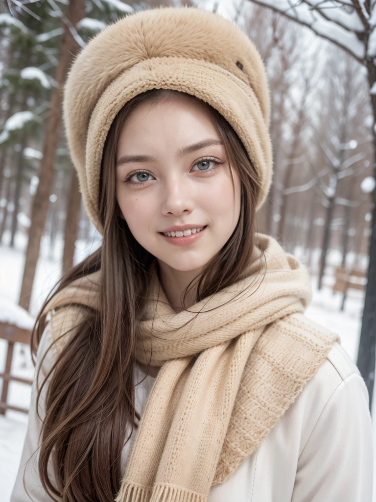 arafed woman in a fur hat and scarf smiling in the snow, ukrainian girl, russian girl, warm smile, beautiful and smiling, beautiful nordic woman, cute woman, russian style, lovely woman, attractive girl, a cute young woman, very very beautiful woman, big breasts