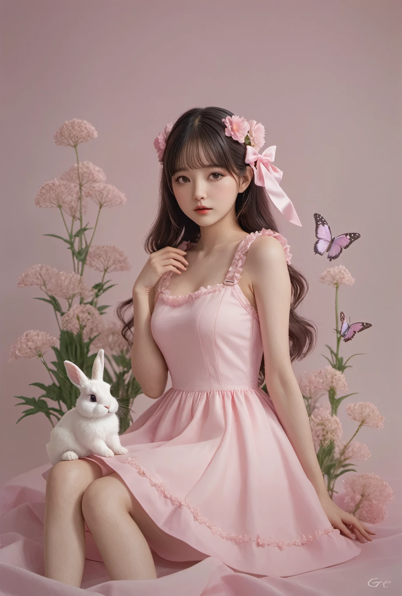 Arapé girl wearing a pink dress sitting in a flower field, ultrarealistic sweet bunny girl, 🌺 CG Society, fairy core, Guweizu, Exciting and cute aesthetics, Pink pastels, artwork in the style of Guweizu, bunny girl, Smooth animated illustrations,  dressed up, pastel pink, april&#39;expression, Cute realistic portrait,high quality,masterpiece