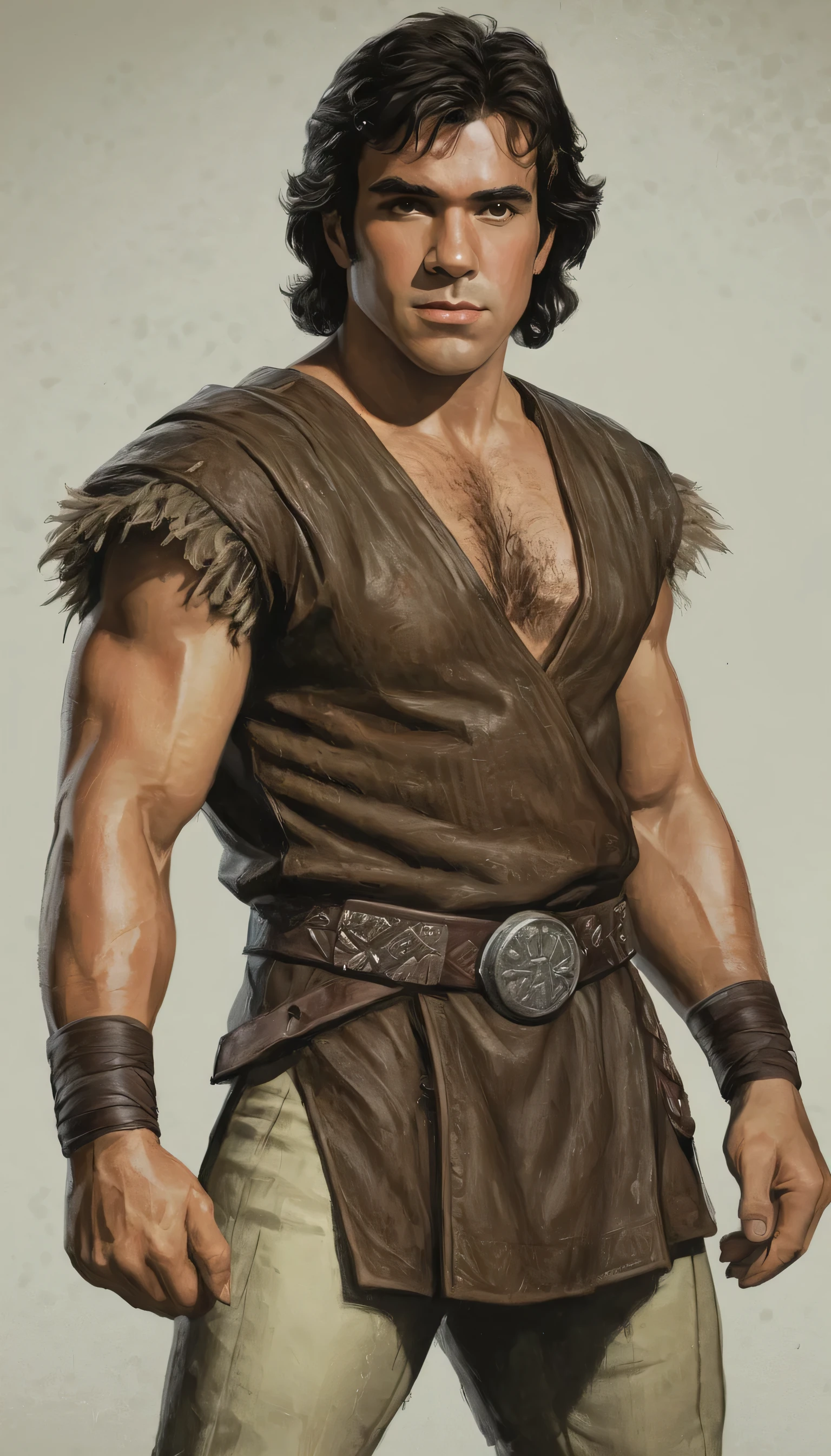 An illustrated movie poster, hand-drawn, full color, a jedi man, 25 years-old, wearing a jedi tunic and patched trousers, resembles a young Lou Ferrigno, sun-tanned skin, round face, average height, broad shoulders, soft belly, deep brown eyes, wide bulbous nose, black hair, curly mullet, thick bushy eyebrows, extremely hairy chest, stomach, and arms, lots of body hair, posing in a rainforest, wet listening skin, hard shadows, graphite shading, stencil marks, airbrushed acrylic paint, masterpiece, in the style of Skyrim