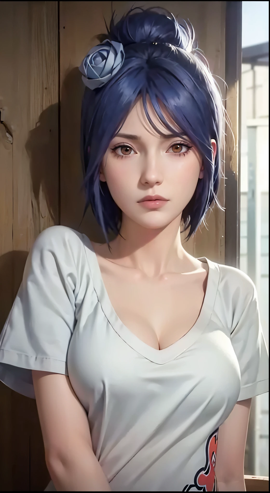 dark blue sky, many flying papers, 1 girl, ultra realistic, high res, highly detail, masterpiece, best quality, Konan of Naruto, close shot, looking at viewer, flying in the sky, sky background, konan, short hair, hair ornament, blue hair, flower, hair flower, (orange eyes:1.2), (labret piercing:1.2), eyeshadow,coat, cloak, black coat, black cloak, (akatsuki uniform:1.5), akatsuki \(naruto\), long face, oval face, 35 year old adult face