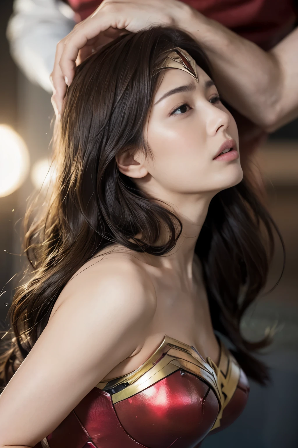 from the side,perfect wonder woman costume,crawl on all fours,sleeping face,Close ~ eyes,open your mouth,tired face,face of suffering,sky face,sleeping face,fight the men,surrounded by men,,caught between men,being tackled by men,Intertwining with men, Attacked by men,assaulted by men,Being bullied by guys,being sexually abused by a man,Captured by a man,Being detained by a man、touch your face,、Hair is pulled hard,My head is grabbed,licked my hair,lick my face,brown hair,  masterpiece、beautiful girl、fine 目、puffy eyes、highest quality, 超High resolution, (reality: 1.4), movie lighting,super beautiful、beautiful skin、(超reality的な)、(High resolution)、(8K)、(very detailed)、(beautiful and fine 目)、(Super detailed)、 detailed face、slanted bangeshi hair、brown hair、20-year-old、Wonder Woman Cosplay，wonder woman tiara