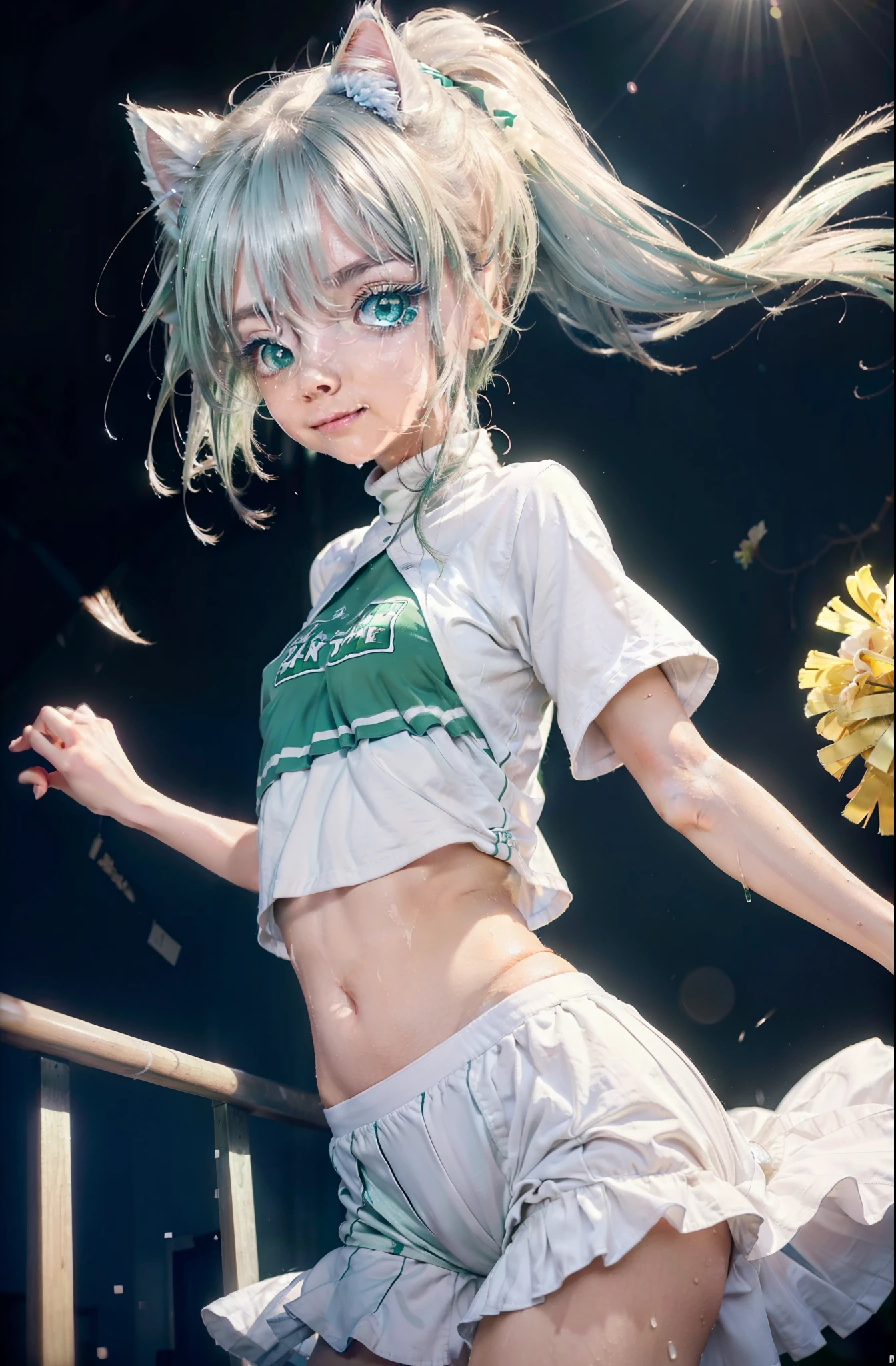 index, index, (green eyes:1.5), silver hair, long hair, (flat chest:1.2),ponytail,smile,blush,open your mouth,(cheer leading), (whole body),animal ears　 Cat ear,Animal tail　cat tail,lower, (sweaty), sweaty Wet Clothes, (white clothes), , Navel support, playground, (jump), (jump), 足を曲げてjumpする, air, blue sky, Grass原, smile,Cheerleader, pom pom \(cheer leading\), Grass, smile, 
break looking at viewer, Upper body, whole body,
break indoors, stadium,
break (masterpiece:1.2), highest quality, High resolution, unity 8k wallpaper, (figure:0.8), (detailed and beautiful eyes:1.6), highly detailed face, perfect lighting, Very detailed CG, (perfect hands, perfect anatomy),