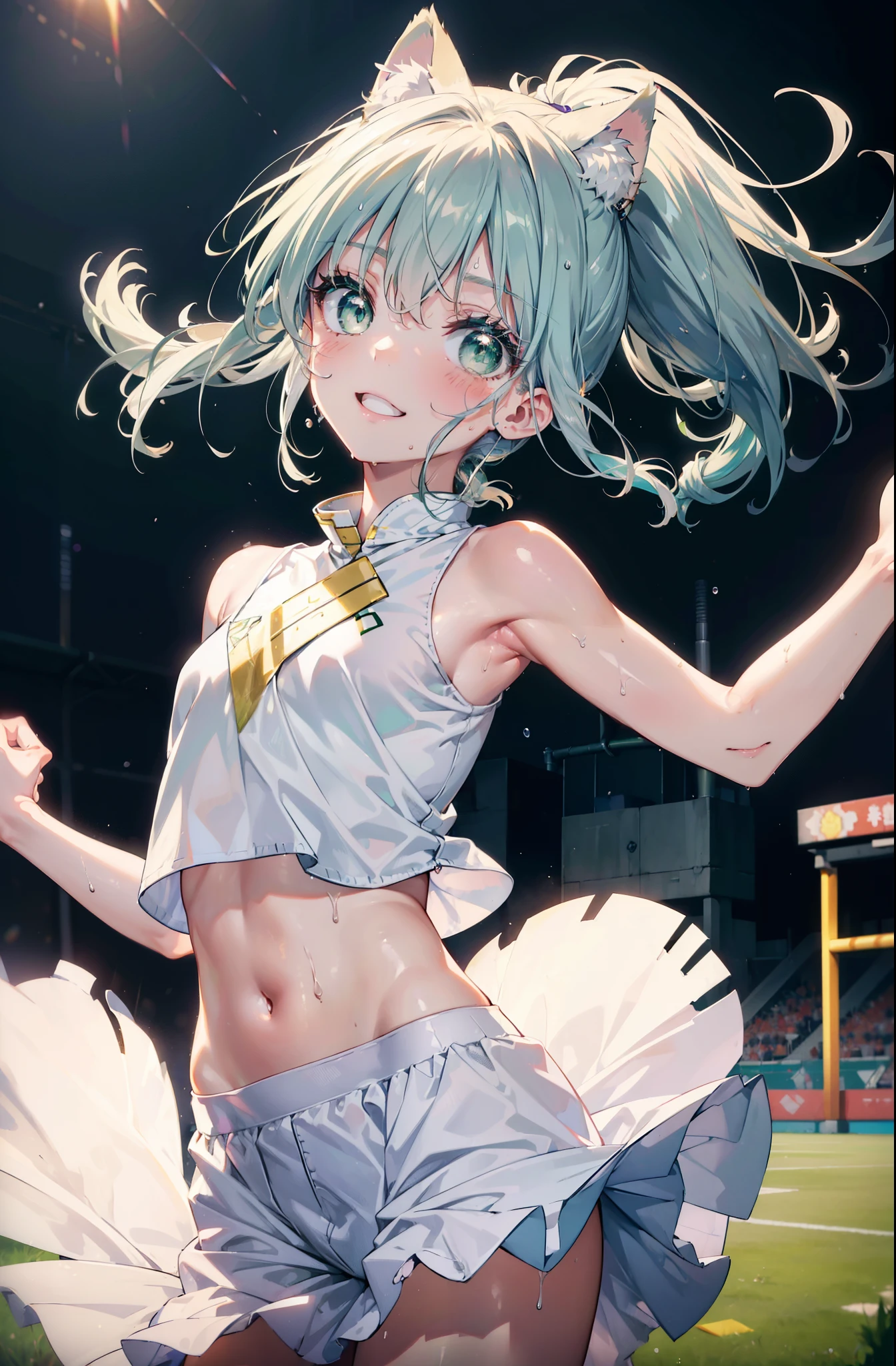 index, index, (green eyes:1.5), silver hair, long hair, (flat chest:1.2),ponytail,smile,blush,open your mouth,(cheer leading), (whole body),animal ears　 Cat ear,Animal tail　cat tail,lower, (sweaty), sweaty Wet Clothes, (white clothes), , Navel support, playground, (jump), (jump), 足を曲げてjumpする, air, blue sky, Grass原, smile,Cheerleader, pom pom \(cheer leading\), Grass, smile, 
break looking at viewer, Upper body, whole body,
break indoors, stadium,
break (masterpiece:1.2), highest quality, High resolution, unity 8k wallpaper, (figure:0.8), (detailed and beautiful eyes:1.6), highly detailed face, perfect lighting, Very detailed CG, (perfect hands, perfect anatomy),