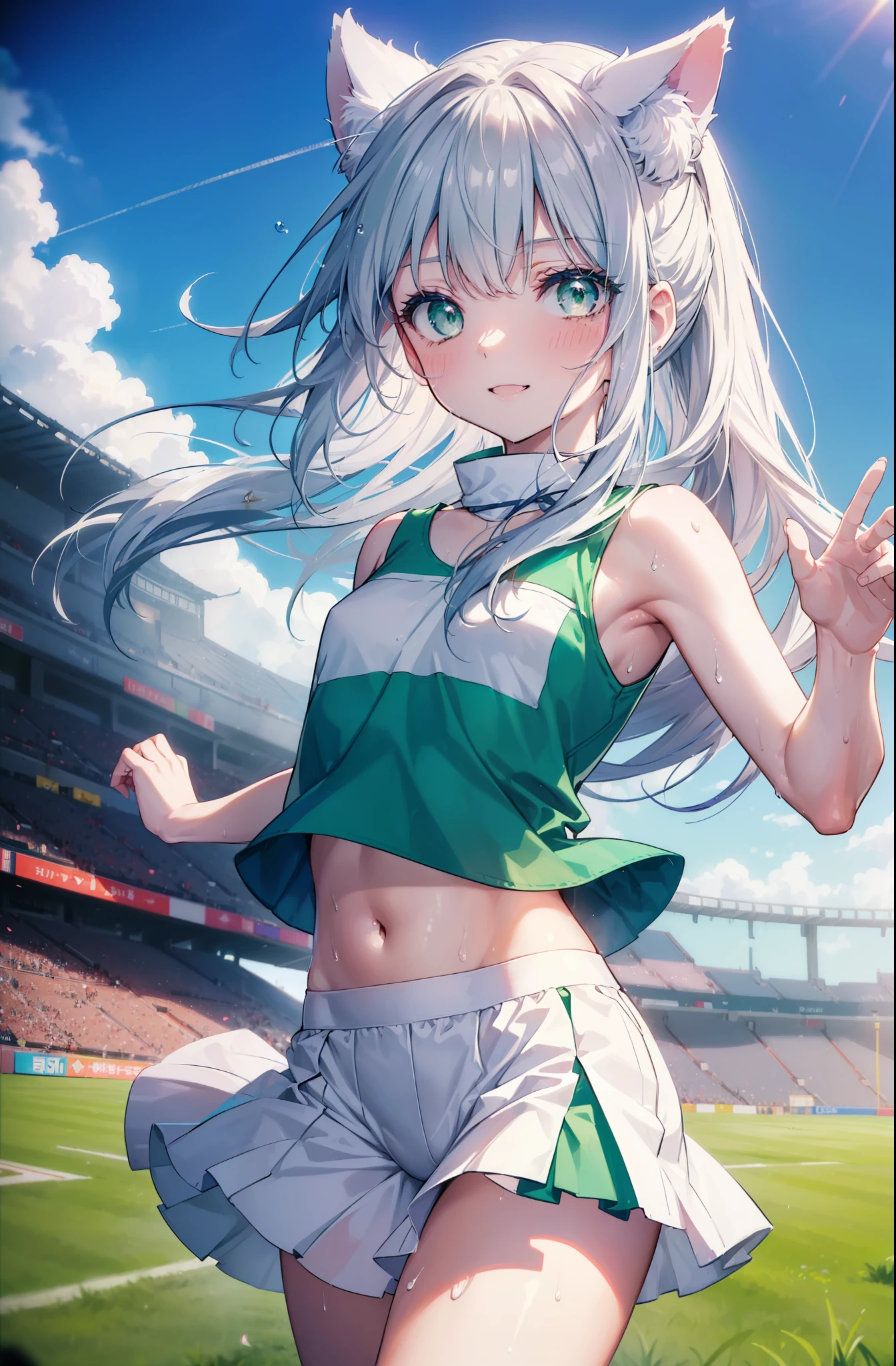 index, index, (green eyes:1.5), silver hair, long hair, (flat chest:1.2),ponytail,smile,blush,open your mouth,(cheer leading), (whole body),animal ears　 Cat ear,Animal tail　cat tail,lower, (sweaty), sweaty Wet Clothes, (white clothes), , Navel support, playground, (jump), (jump), 足を曲げてjumpする, air, blue sky, Grass原, smile,Cheerleader, pom pom \(cheer leading\), Grass, smile, 
break looking at viewer, Upper body, whole body,
break indoors, stadium,
break (masterpiece:1.2), highest quality, High resolution, unity 8k wallpaper, (figure:0.8), (detailed and beautiful eyes:1.6), highly detailed face, perfect lighting, Very detailed CG, (perfect hands, perfect anatomy),