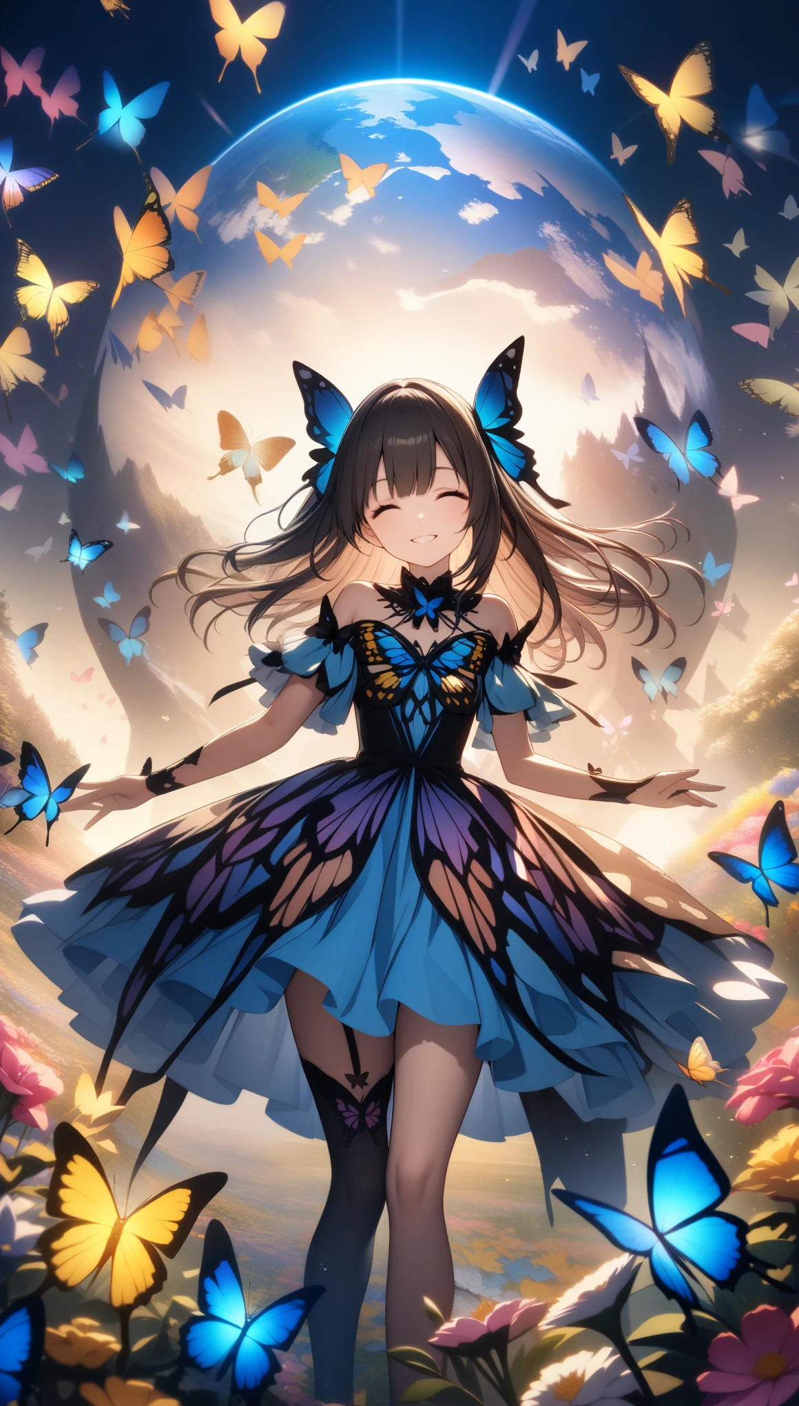 32k, best quality, ultra high res, HDR, UHD, extremely detailed CG, unity 32k wallpaper, (beautiful cute girl), (butterfly ornament), (butterfly dress), ((many butterflies)), (((background of many flowers
))), (((bright background))), (beautiful world), (cute world), smile, 