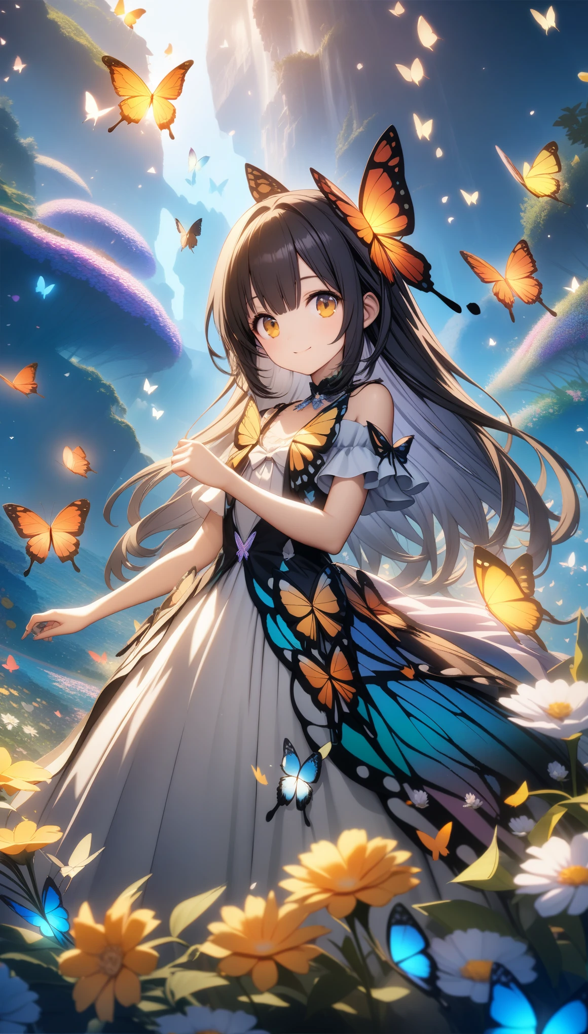 [a swarm of butterflies, transparency, multiple layers : multiple layers, 1girl, smile, profile melting into sky, double exposure : 15]