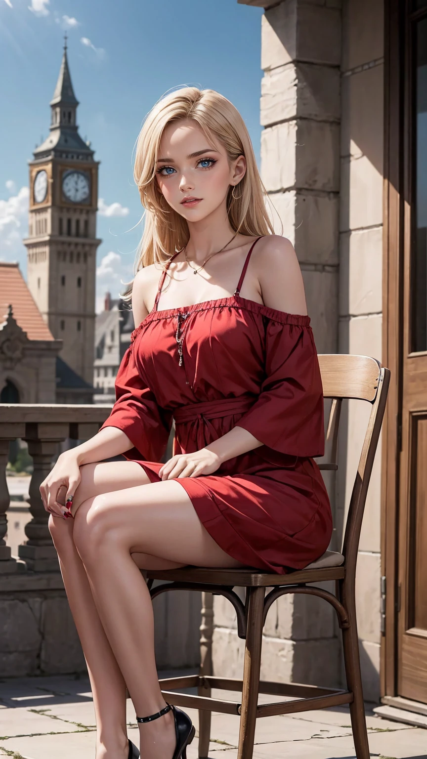 ((最high quality, 8K, masterpiece: 1.3, Ultra HD, high quality, 最high quality, High resolution, realism)) 、(high color saturation:1.0), (highly detailed skin), (最high quality:1.0), (超High resolution:1.0) ,(realistic:1.0), (Super detailed:1.0), (8K, Raw photo:1.1), slender、Slender, muscular body that's toned like an athlete's、I don't want my head to disappear from the screen.、Accessorize your wrist、Wearing red nail polish、I have a peticure、25 year old white woman、platinum blonde、blue eyes、long hair、hair above one eye、smile、Gothic historical building、Sit on a chair on the terrace in the courtyard、The table is decorated with a basket of fruit and cups of drinks.、Wear an off-shoulder bodycon dress、Wear high heelansion garden、Blooming profusely、The ground in the courtyard is grass、Surrounded by a hedge、Blue sky beautiful、It's early summer、The wind is pleasant