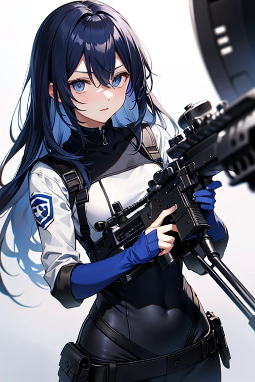 Full upper body、dark blue hair、unmotivated eyes、blue eyes、woman、pale color、With a sniper rifle