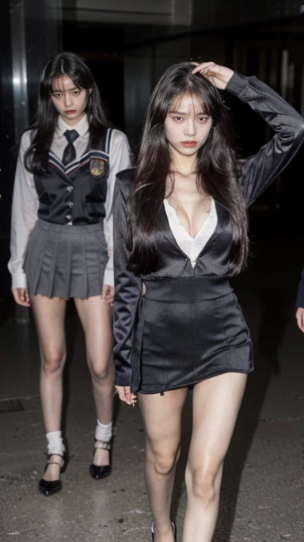 dusk,dramatic,Ironically,((night:1.3)) ,(best quality,high resolution,8K:1.3),inspired by movies,(Real movie stills:1.3), (actual、lifelike、Realism:1.3), full body portrait,Shots from a distance,Movie cover style,1 girl ,(((female student))),1 girl和2名男人接吻,Tall man,beautiful girl,beautiful face,Highly detailed facial details,Highly detailed eyes,Perfect body,((Stylish long hair:1.2)) ,((slender legs:1.6)) ,(Realistic skin texture:1.3),(film grain:1.3),(in the darkness, midnight) ,((cleavage)), ((Sexy high heels:1.2)) ,((Girls wearing school uniforms:1.5)),((Complex school uniforms、badge:1.3)) ,((cleavage:1.4)) ,Threatening atmosphere, ((full body shot:1.5)),((in the darkness:1.3)), ((sharp focus:1.4)) ((standing posture:1.3)),Movie plot,(sharp focus:1.2), Very detailed, (lifelike:1.4), (The original image, 8K high resolution:1.2), RAW candid movies, 16 mm, Color graded Portra 400 film, Surreal, subsurface scattering, Ray tracing, (Volumetric lighting),(((Girl with 2 guys))),Girl kissing man,Threatening atmosphere,Background in the classroom,Standing water on the ground