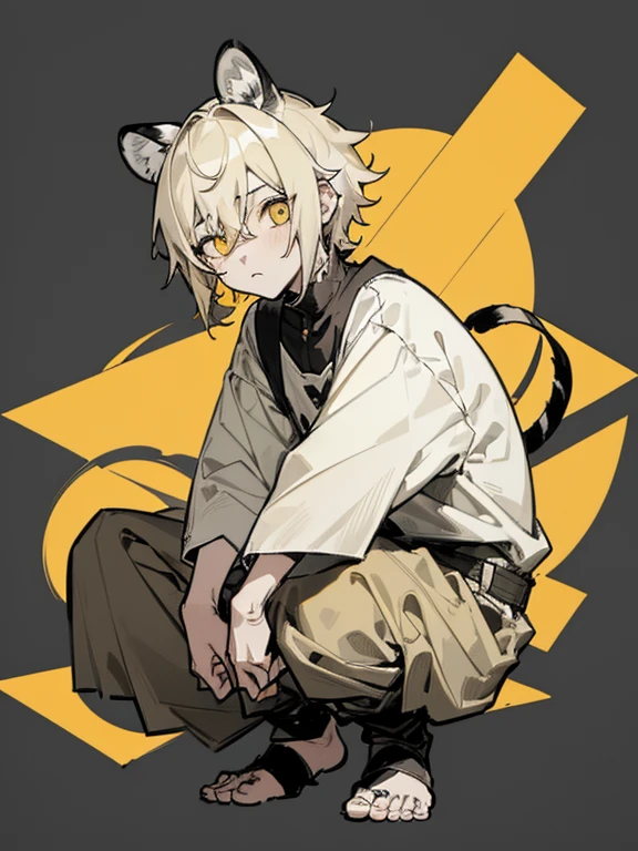 Only one dirty -yeld boith tiger ears.、Winning Eyes、A shaggy, dull yellow and black shorthair、Wearing tattered orphan clothes。simple background