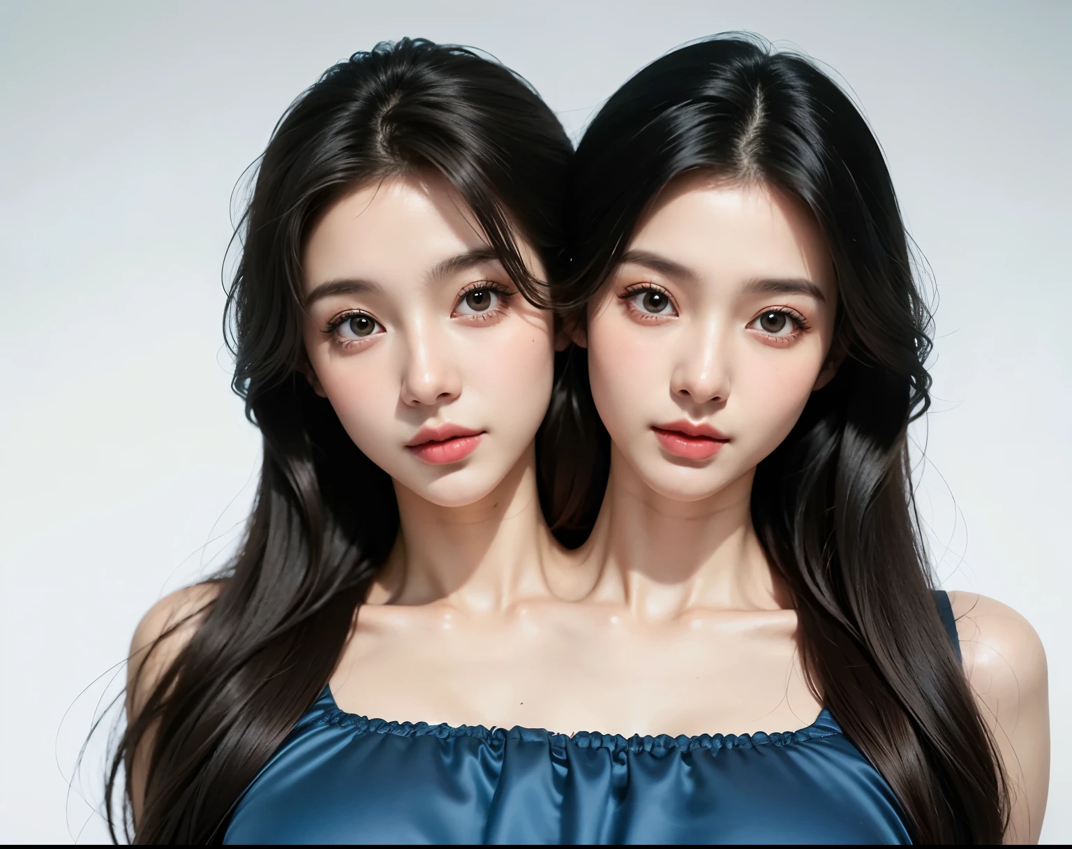 bestresolution, (2heads:1.2), two asian teenage girls,in blue dresses posing for a picture, beautiful gemini twins portrait, beautiful gemini twins, korean symmetrical face, with a twin, third eyes middle of foreheads, two identical symmetrical eyes, siamese twins, jaeyeon nam, ji-min, park ji-min, beautiful sci - fi twins, female actress from korea, twins, cute korean actress
