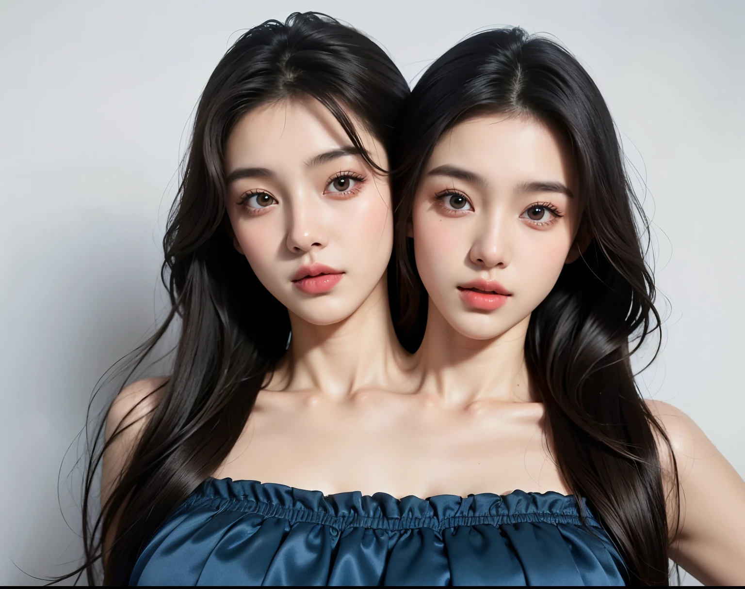 bestresolution, (2heads:1.2), two asian age girls,in blue dresses posing for a picture, beautiful gemini twins portrait, beautiful gemini twins, korean symmetrical face, with a twin, third eyes middle of foreheads, two identical symmetrical eyes, siamese twins, jaeyeon nam, ji-min, park ji-min, beautiful sci - fi twins, female actress from korea, twins, cute korean actress