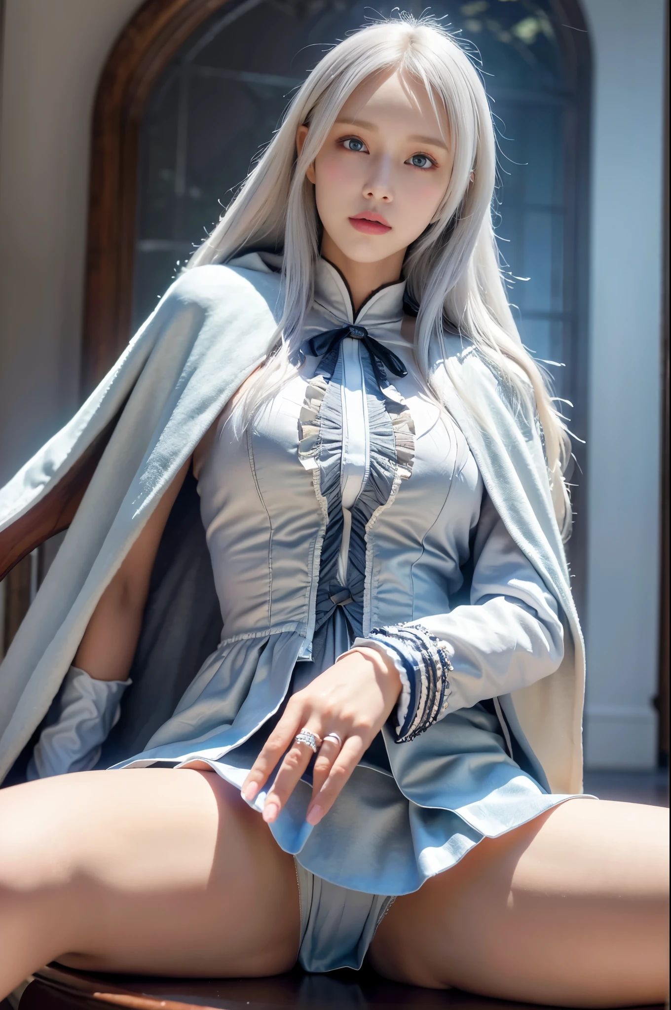 ((best qualtiy)), ((tmasterpiece)), (the detail:1.4), 3D, A photo of a beautiful woman,Ray traching,NVIDIA RTX,Hyper-Resolution,Unreal 5,Subsurface scattering、PBR Texture、post-proces、Anisotropy Filtering、depth of fields、maximum definition and sharpness、Many-Layer Textures、Albedo e mapas Speculares、Surface coloring、Accurate simulation of light-material interactions, high resolution,(ta costume), Beautiful eyes, White hair, ringed eyes, (Cloak,snowfield),((lifting her skirt,spread their legs:1.2)),