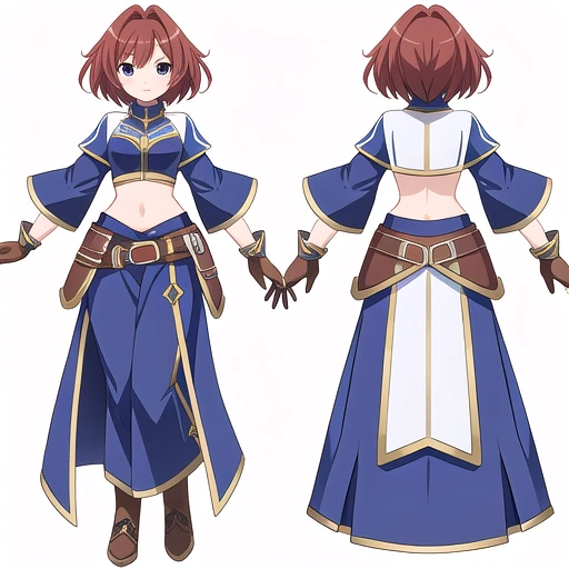 solo female, midriff, ((( white background))), character focus, fantasy clothes, standing, grove cuff, gloves, character design, multiple views,