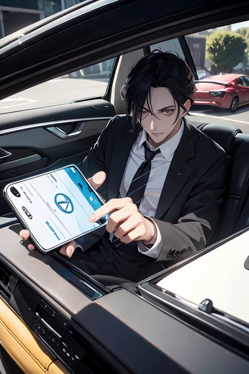 Mephistopheles taps on car window with smartphone