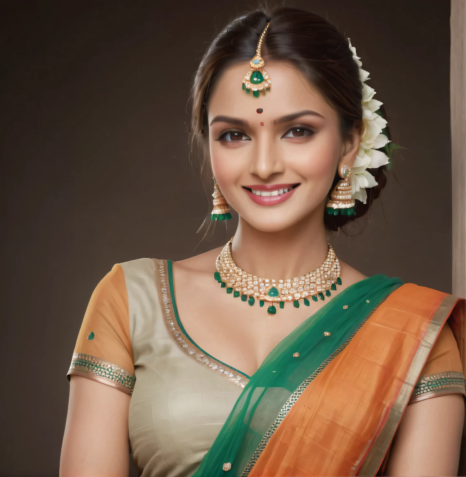 With a confident demeanor and a smile that lights up her face, she embodies the essence of Indian tradition and sophistication. Whether attending a festive celebration or a formal event, her attire showcases the timeless elegance and cultural richness of India, making her a captivating sight to behold