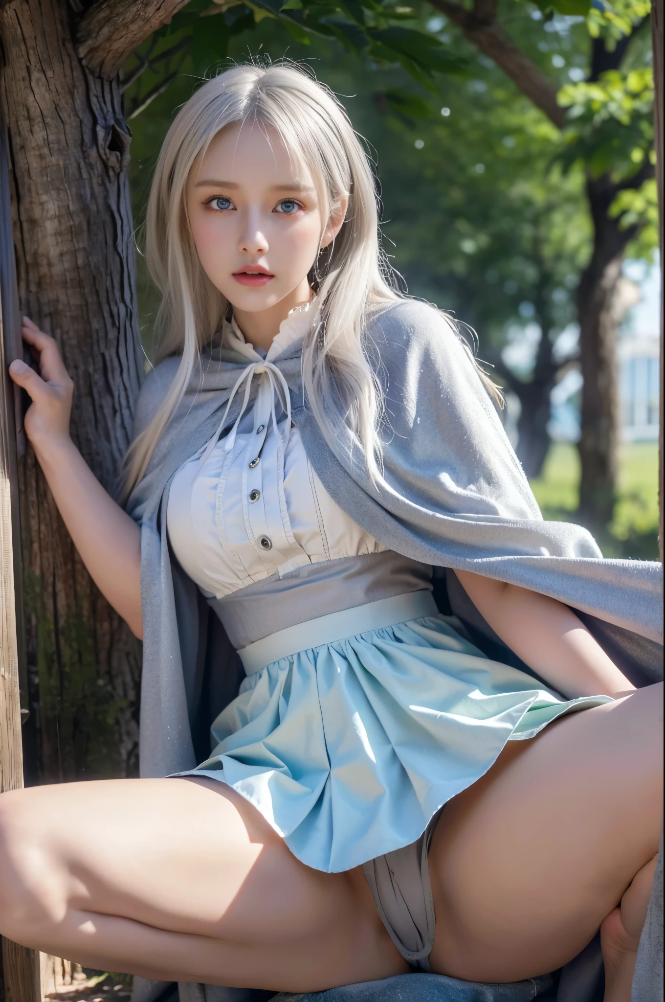 ((best qualtiy)), ((tmasterpiece)), (the detail:1.4), 3D, A photo of a beautiful woman,Ray traching,NVIDIA RTX,Hyper-Resolution,Unreal 5,Subsurface scattering、PBR Texture、post-proces、Anisotropy Filtering、depth of fields、maximum definition and sharpness、Many-Layer Textures、Albedo e mapas Speculares、Surface coloring、Accurate simulation of light-material interactions, high resolution,(ta costume), Beautiful eyes, White hair, ringed eyes, (Cloak,snowfield),((lifting her skirt,spread their legs:1.2)),