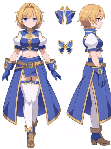 solo female, midriff, ((( white background))), character focus, fantasy clothes, standing, grove cuff, gloves, character design, multiple views,