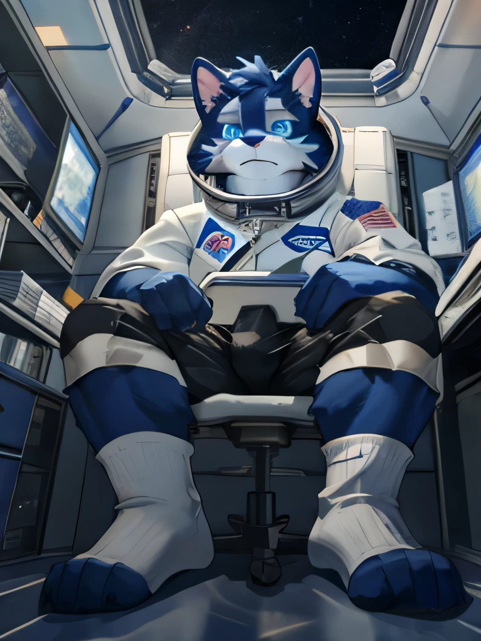 Dark Blue cat, NASA astronaut outfit, is wearing long socks and black,has light blue eyes, is sitting inside his spaceship, bulge, space and galaxy scenery.