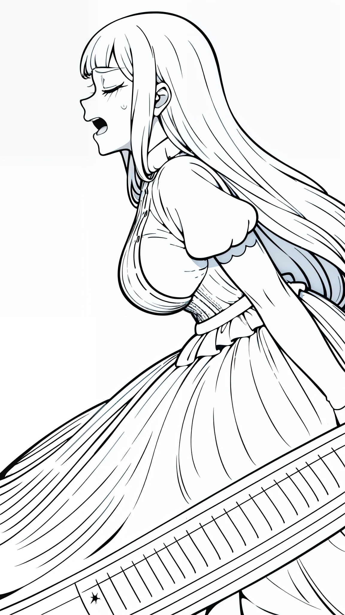 (1woman,40 years old),white hair,long hair,dress,((pain)),scared,closed eyes,open mouth,(((white background,line drawing))),blood,from side