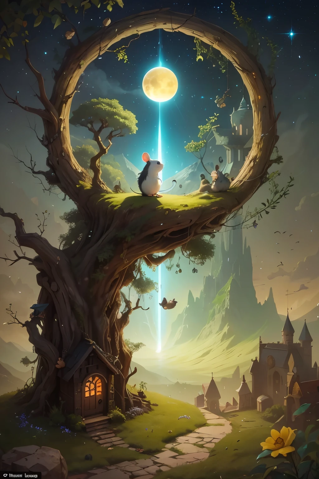 A cute little mousey nose, a small hanging bell, And the lord of creation called out to his meekest creation the diminutive door mouse and said "Go out and strike the mighty gong of the world with all your might, and the door mouse did as he was commanded and crept out of his safe hiding hole along his way to his favorite seed feeding grounds he crept up to the nearest fruiting bush nibbled on a group of seeds one of which fell to the ground with the slightest tremor upon a small pebble and started the mightiest roar of existence and sound from that worldly bell.