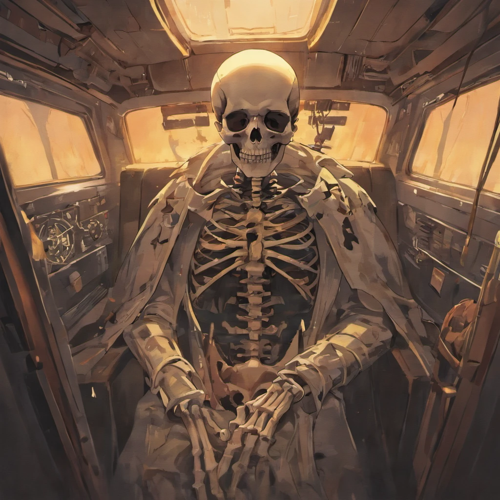 A male skeletal remain decayed old corpse sitting in the cockpit dead. Bones and ripped clothing, echo of the last. Monitor still fuctioning. All system still work just the pilot is dead. No eyes. Hallow body exposed bones.