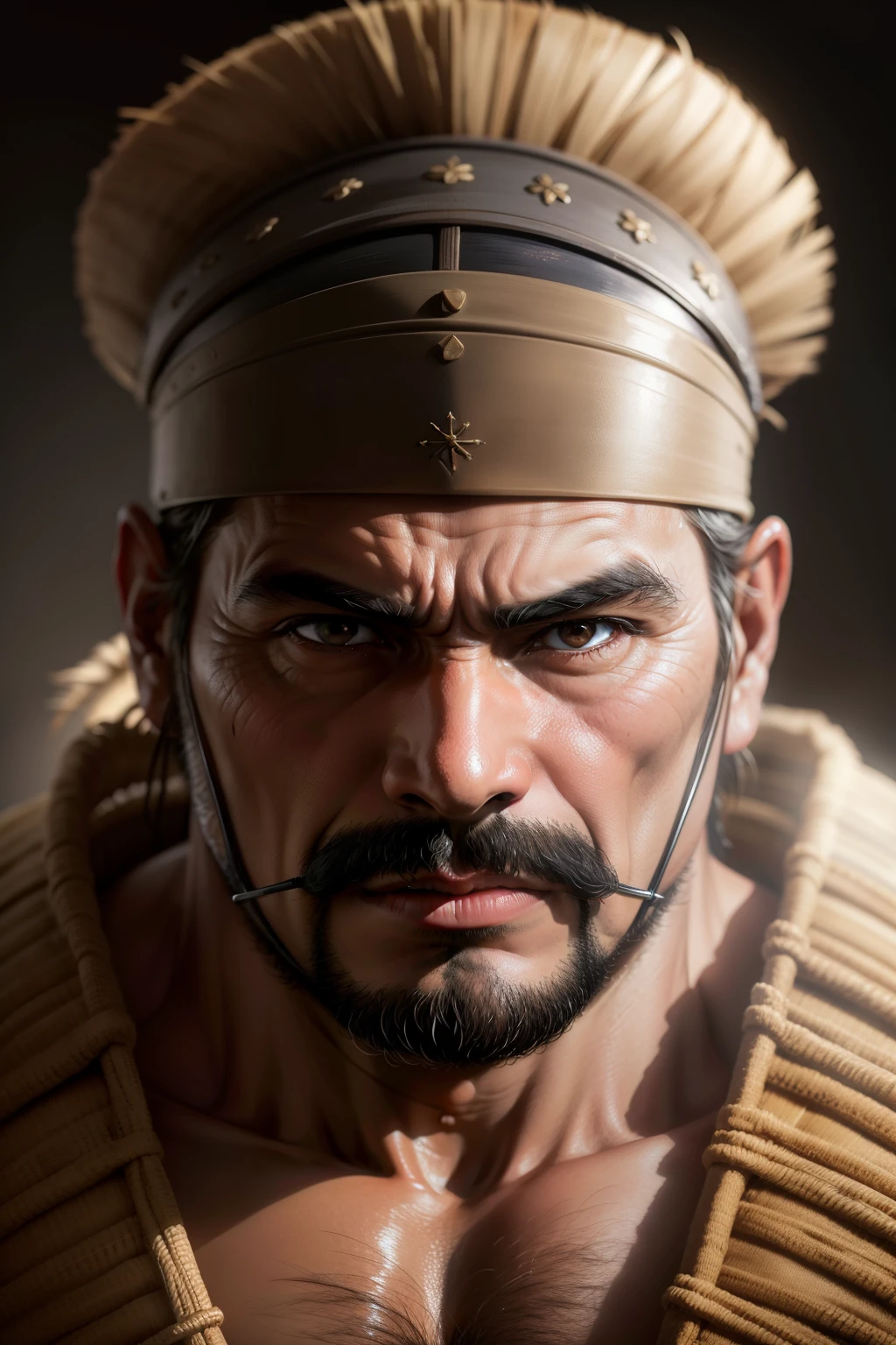 Retrato realista em close-up ultra HD,Um samurai branco, 35 anos, nariz redondo e largo, usa cavanhaque e bigode, wearing a war mask, small, round lips,Facial expressions show strong emotions