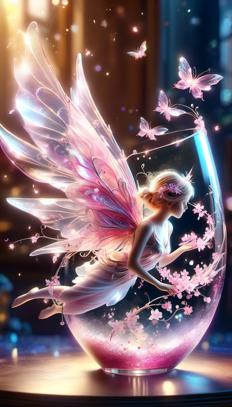 Made by AIS-RCN, 8k photo, "words, Like a cherry blossom fairy with bright wings, Jumping out of a glass object, Turn thoughts into delicate works of art.", supple, side light,