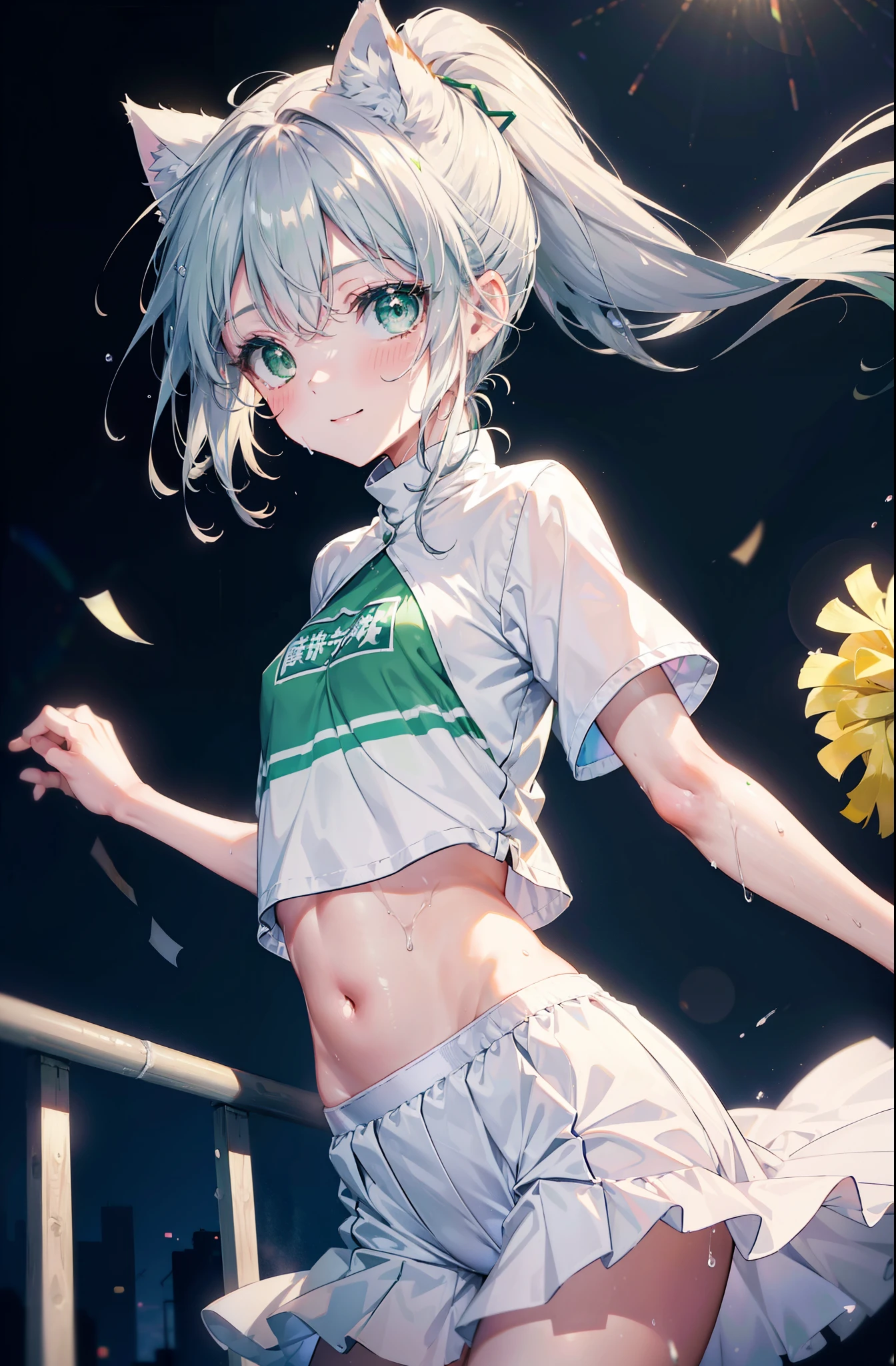 index, index, (green eyes:1.5), silver hair, long hair, (flat chest:1.2),ponytail,smile,blush,open your mouth,(cheer leading), (whole body),animal ears　 Cat ear,Animal tail　cat tail,lower, (sweaty), sweaty Wet Clothes, (white clothes), , Navel support, playground, (jump), (jump), 足を曲げてjumpする, air, blue sky, Grass原, smile,Cheerleader, pom pom \(cheer leading\), Grass, smile, 
break looking at viewer, Upper body, whole body,
break indoors, stadium,
break (masterpiece:1.2), highest quality, High resolution, unity 8k wallpaper, (figure:0.8), (detailed and beautiful eyes:1.6), highly detailed face, perfect lighting, Very detailed CG, (perfect hands, perfect anatomy),