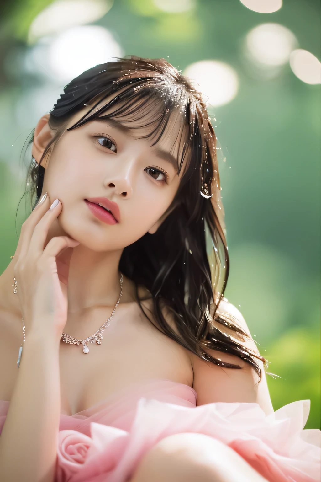 (highest quality, 4k, masterpiece :1.3),
sharp focus, shallow depth of field, Bright colors, professional level,
20-year-old, 1 person, (Japan and half Korean woman), The face of a famous Japanese actress,
Supple body :1.3, model body shape:1.5, perfect style:1.4,
narrow shoulders, beautiful clavicle, long and thin legs,
delicate body shape, The beauty of slim abs :1.2, thin waist :1.2,
super detailed skin, Fair skin, Shiny skin, super detailed face,
slim facial contour, beautiful small face, Beautiful lined nose,
super detailed eyes, long slit eyes, brown eyes, double eyelid, Beautiful thin eyebrows, fine long eyelashes,
super detailed lips, plump lips, glossy pink lips, flushed cheeks, beautiful teeth,
Beautiful actress's ennui makeup, pink lipstick,
dark brown hair, delicate soft hair,
(hair up, medium short hair, ponytail:1.2),
layer cut, (dull bangs:1.2),
(stylish looking earrings,necklace,bracelet,shiny nail art:1.2),
gentle smile, open mouth half way, Enchanted expression, stare at the viewer,
(((photorealism,Shoot the whole body from the thighs:1.5))), ((The body is facing sideways)),
Photographed directly from the front, cinematic lighting, dynamic lighting,
(Dress up in a tight green polka dot dress:1.2),
(wet in the rain, wet in the rain, wet body :1.4),
Luxury resort outdoor pool, Flowers are blooming in the background, blur the background,