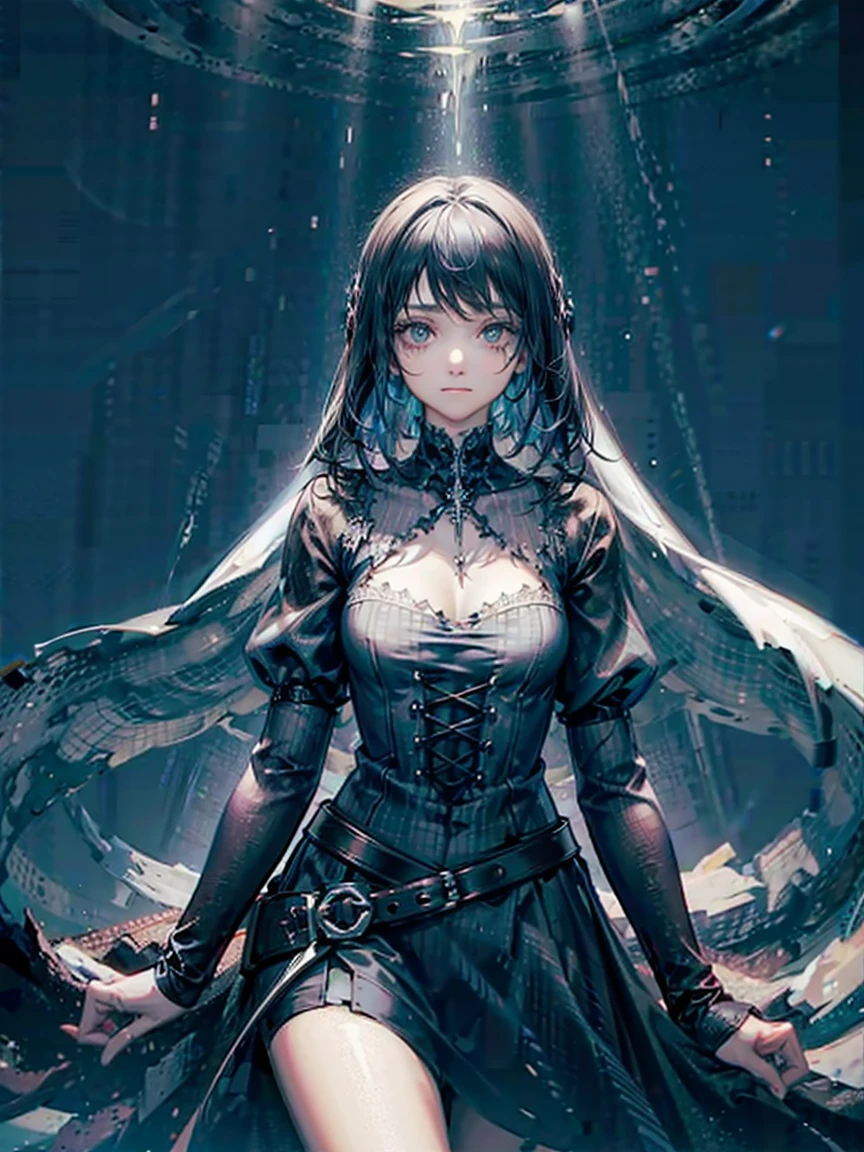 (a girl with) Aura-like gothic lighting, realistic Gothic-style artwork, detailed skeleton impaling itself with a sword in the neck, dark atmospheric background, high-res masterpiece:1.2, ultra-fine painting, professional, vivid colorsかためをあかくして、
Epiphany
、