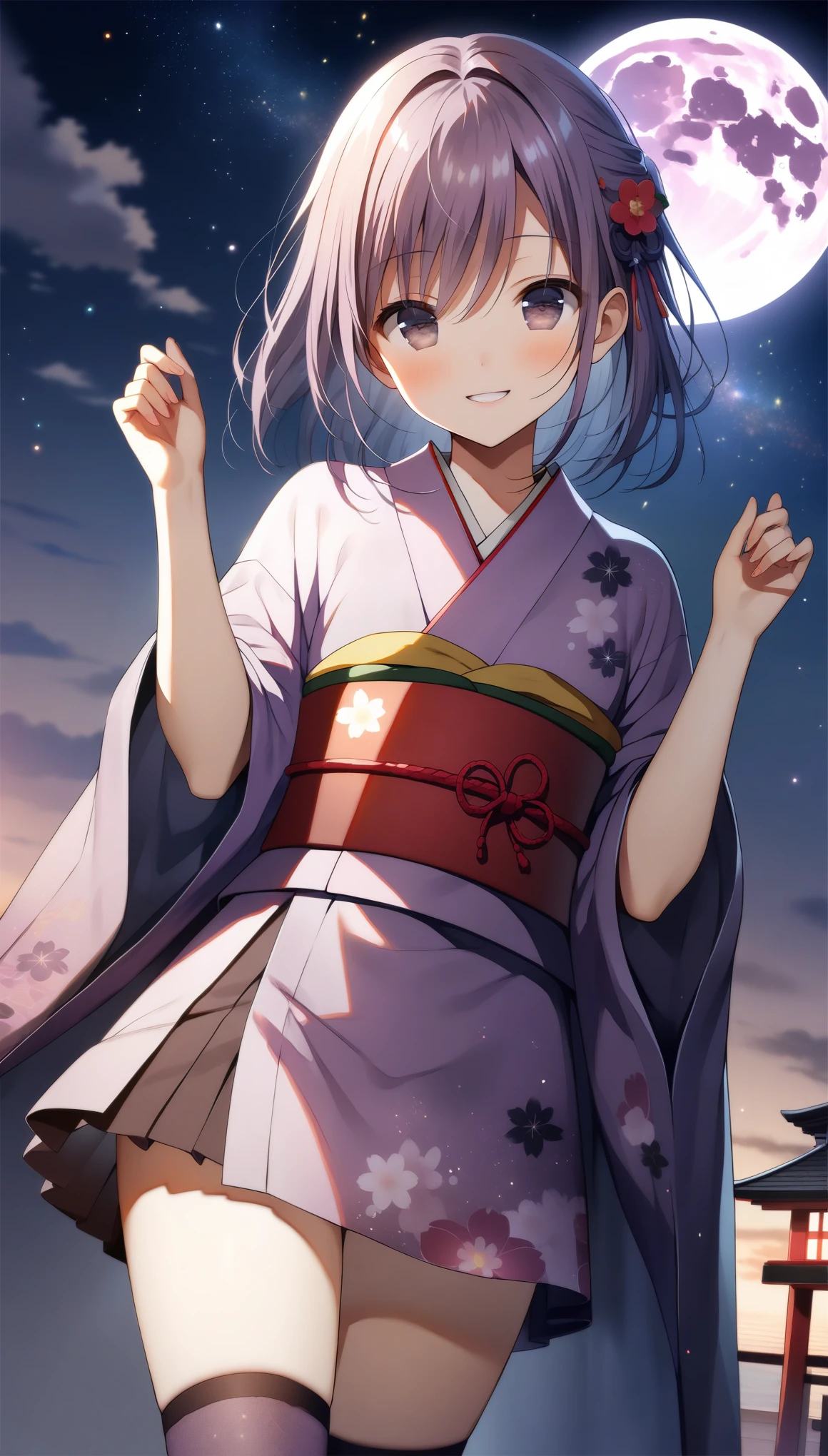 32k, best quality, ultra high res, HDR, UHD, extremely detailed CG, unity 32k wallpaper, (((hight quality))), (((high-level image quality))), (((smile))), ((full moon)), (((hight quality starry sky background))), (((mauve hair))), (((mauve eyes))), (((18 years old))), (((mauve over knee socks))), (((illustration))), (((mauve light particles))), (((cowboy shot))), (((mauve kimono))), (((mauve Japanese clothes))),