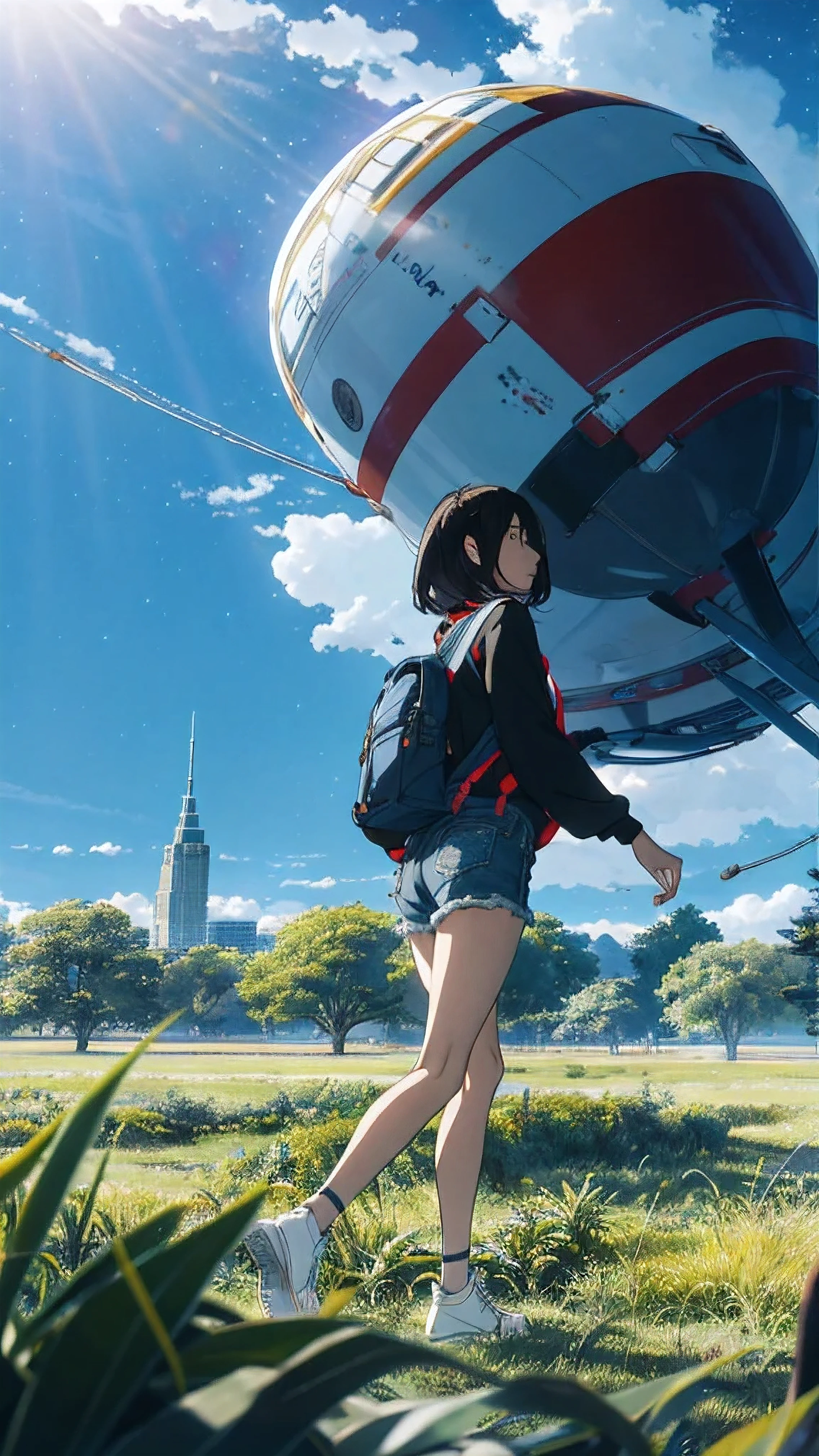 Vast starry sky, beautiful skyline, large grassland, extremely tense and dramatic picture, slender legs, small white shoes, moving visual effects, hanging North Star, colorful natural light. Long-sleeved blouse, denim shorts, a teenage girl carrying a backpack.