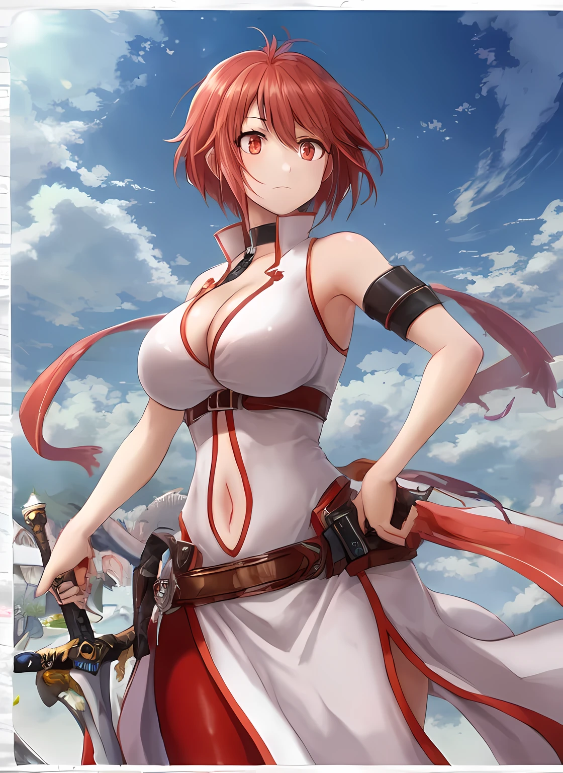 best quality, masterpiece, high quality, vesta_harem, 1girl, large breasts, cleavage, navel_cutout, side_slit, [[[[[red eyes]]]]], BREAK [red_leggings], oversized_belt, white_dress, BREAK holding_sword, cloudy_sky, sunlight