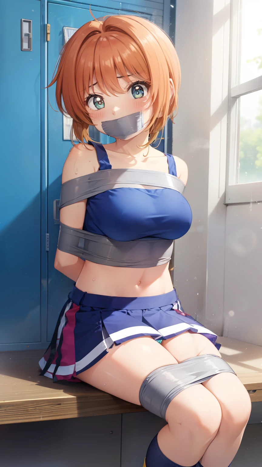 masterpiece, best quality, highres, 1girl, detailed face, blush, anime CG style, (medium breasts), (18 year old girl), good lighting, perfect body, sakura kinomoto, (tape gag), (tape bound), arms bound, legs bound, eyes wide, pupils dilated, locker room, cheerleader, midriff, collarbone, sitting, knees bent