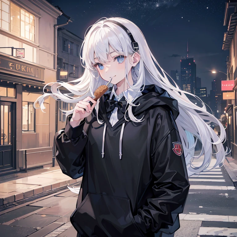 (8k, RAW photo, best quality, masterpiece: 1.2), (realistic, photo-realistic: 1.37), ultra-detailed, 1boy, , solo, night, standing, (flushed nose), (smile: 1.1), (mouth closed), beautiful detailed eyes, (collared shirt: 1.1), bow tie, black hoodie, messy white hair, Black headset, long hair, taking big ice cream,