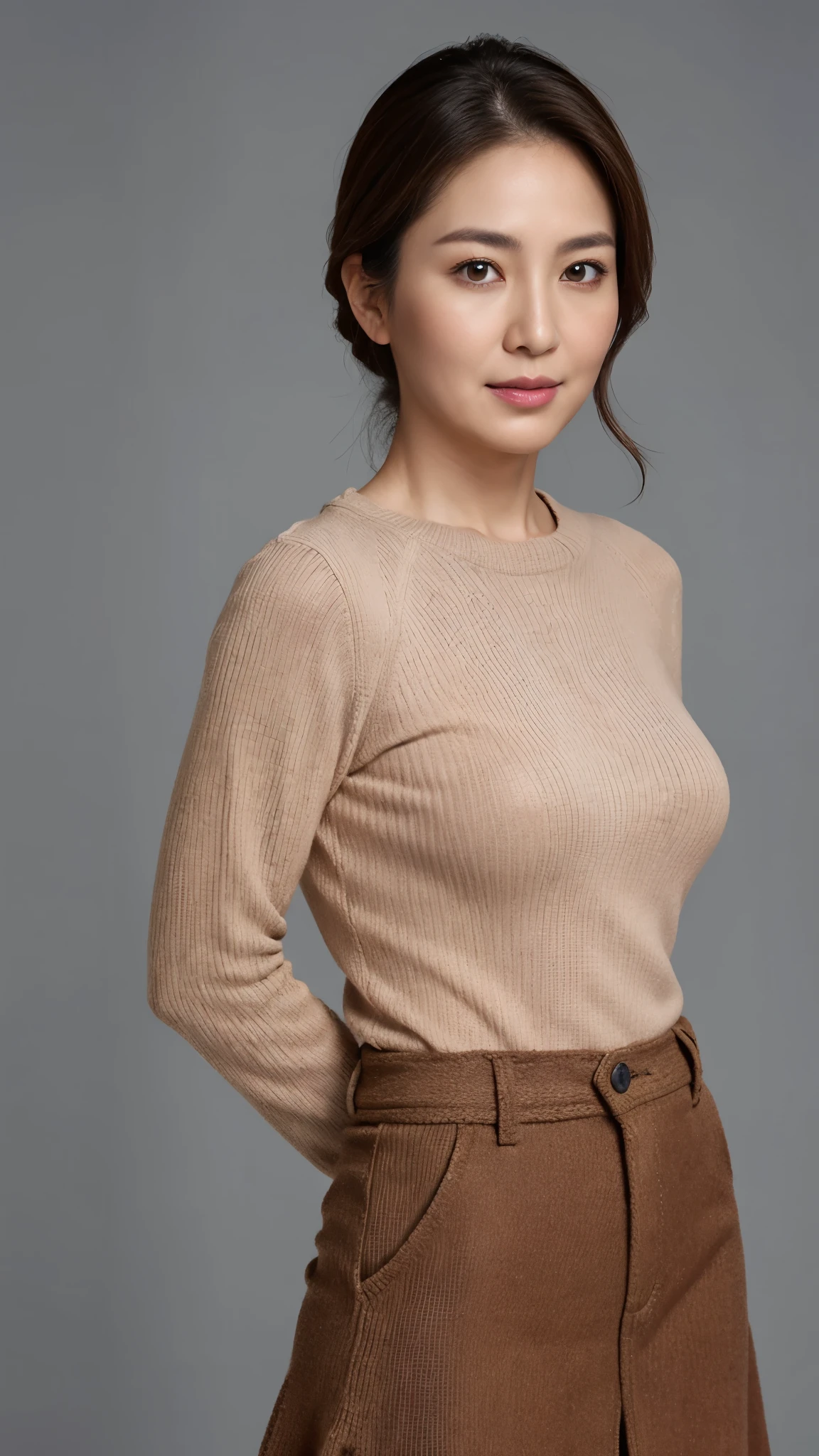 High resolution, High level image quality, high detail, masterpiece, rough skin, anatomically correct, sharp, gray background((japanese mature, 35 years old)), alone, ((facial wrinkles)), good shape big breasts, Straight light brown hair that reaches to the shoulders, Chubby body type (((stand upright, facing the center of the screen.))), Close your mouth and look straight ahead with a serious face, sweater, skirt, ((cowboy shot)),