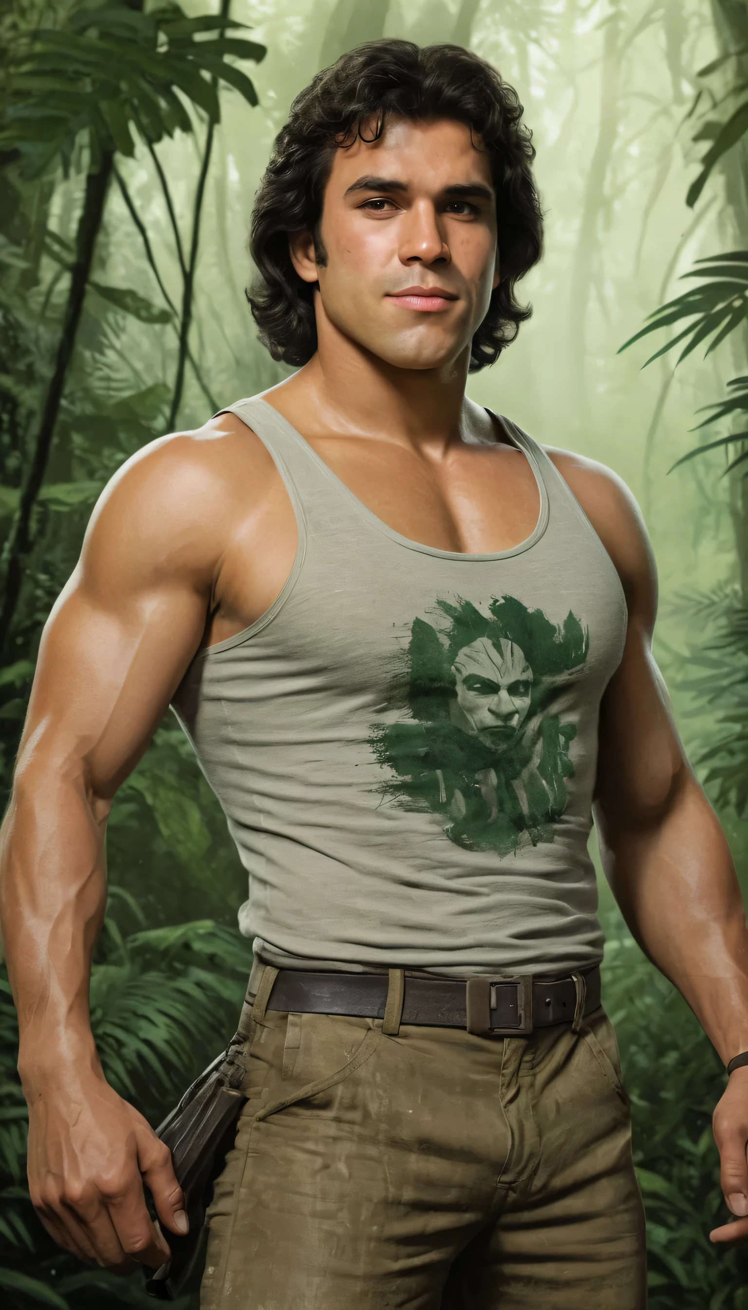 An illustrated movie poster, hand-drawn, full color, a jedi man, 25 years-old, wearing a tank top and patched trousers, resembles a young Lou Ferrigno, sun-tanned skin, round face, average height, broad shoulders, soft belly, slightly chubby, deep brown eyes, wide bulbous nose, black hair, curly taper fade, thick bushy eyebrows, extremely hairy chest, stomach, and arms, lots of body hair, posing in a rainforest, wet listening skin, hard shadows, graphite shading, stencil marks, airbrushed acrylic paint, masterpiece, in the style of Skyrim 