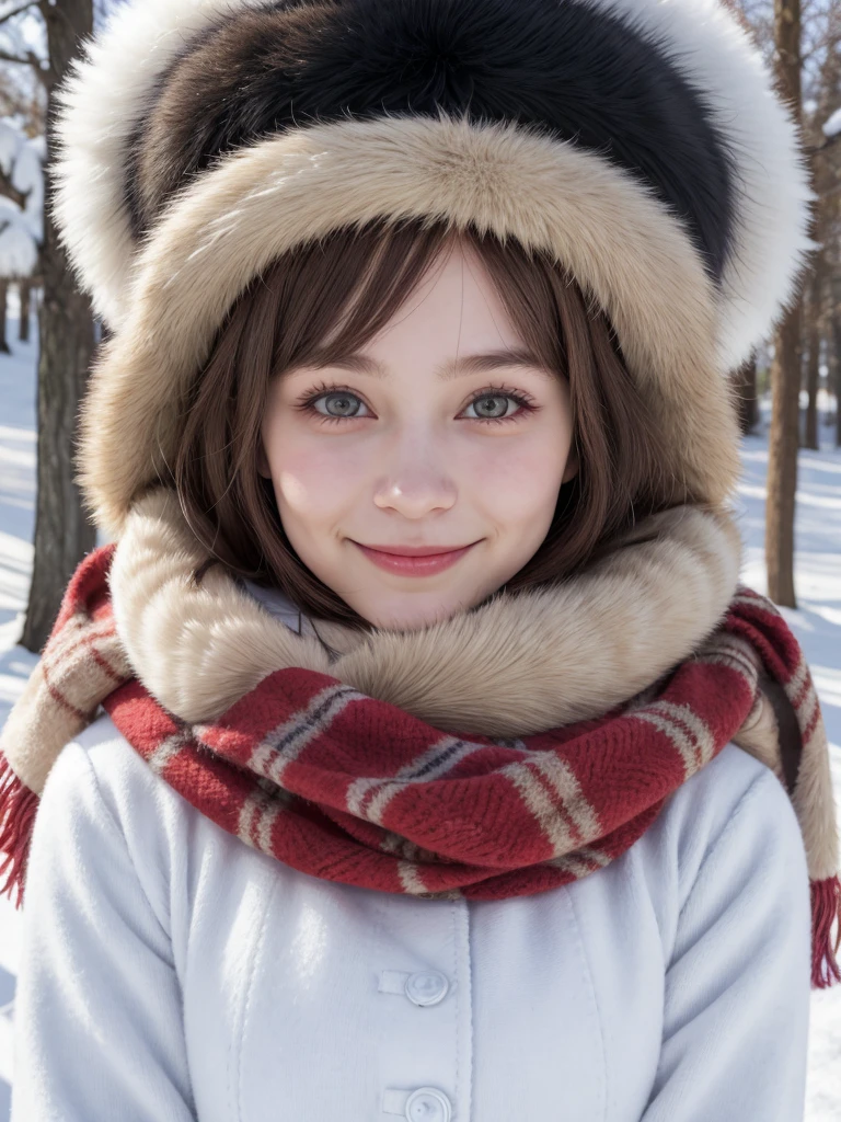 arafed woman in a fur hat and scarf smiling in the snow, ukrainian girl, russian girl, warm smile, beautiful and smiling, beautiful nordic woman, cute woman, russian style, lovely woman, attractive girl, a cute young woman, very very beautiful woman, big breasts, portrait, half body