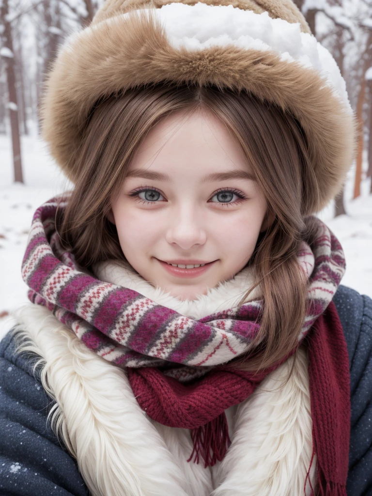 arafed woman in a fur hat and scarf smiling in the snow, ukrainian girl, russian girl, warm smile, beautiful and smiling, beautiful nordic woman, cute woman, russian style, lovely woman, attractive girl, a cute young woman, very very beautiful woman, big breasts, portrait, half body