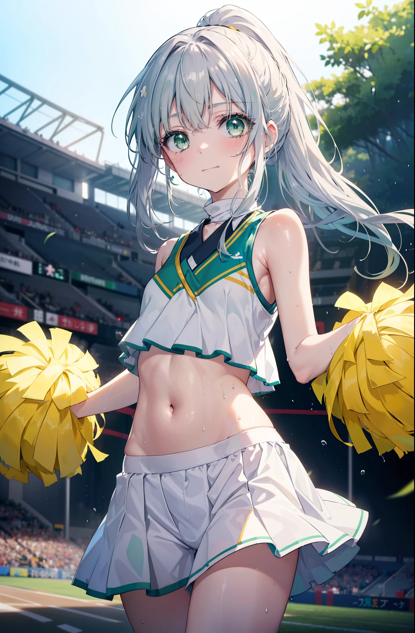 index, index, (green eyes:1.5), silver hair, long hair, (flat chest:1.2),ponytail,(Cheerleader), (whole body), lower, (sweaty), sweaty Wet Clothes, (white clothes), , Belly button support, playground, (jump), (jump), 足を曲げてjumpする, air, blue sky, Grass原, smile,Cheerleader, pom pom \(Cheerleader\), Grass, smile, 
break looking at viewer, Upper body, whole body,
break indoors, stadium,
break (masterpiece:1.2), highest quality, High resolution, unity 8k wallpaper, (shape:0.8), (fine and beautiful eyes:1.6), highly detailed face, perfect lighting, Very detailed CG, (perfect hands, perfect anatomy),