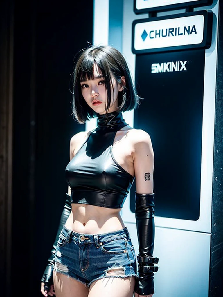 A -yeld giwearing a black top and denim skirt posing for a photograph, Bodysuit Cyberpunk, IU Lee Ji Eun plays a super villain, cyberpunk fashion clothing, whole body shangxia, Jisoo is blackpink, usando streetwear cyberpunk, cyberpunk fashion clothing, cyberpunk costume, cyberpunk style clothing, cyberpunk clothes, cyborg fashion model, cyberpunk dress, Cyborg fashion photography