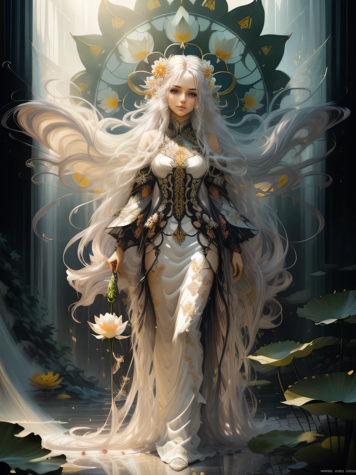dehaze, oil painting, brush strokes, dehaze, paint splashes, colorful, masterpiece, best quality, ultra detailed wallpaper, 1 beautiful fairy, white semitransparent short dress, long curly hair, , ((light passing through hair:1.3)), (high contrast, official art, extreme detailed, highest detailed), she stands on a lotus flower, surreal dreams lotus field in the backgroung, surreal dreamscape, (best quality,4k,8k,highres,masterpiece:1.2),ultra-detailed, portrait, (( digital painting by zeen chin and ruan jia and huang guangjian)), expressive pose, studio lighting,vibrant colors,dramatic lighting,contrast, , Meticulous details, intricate details
